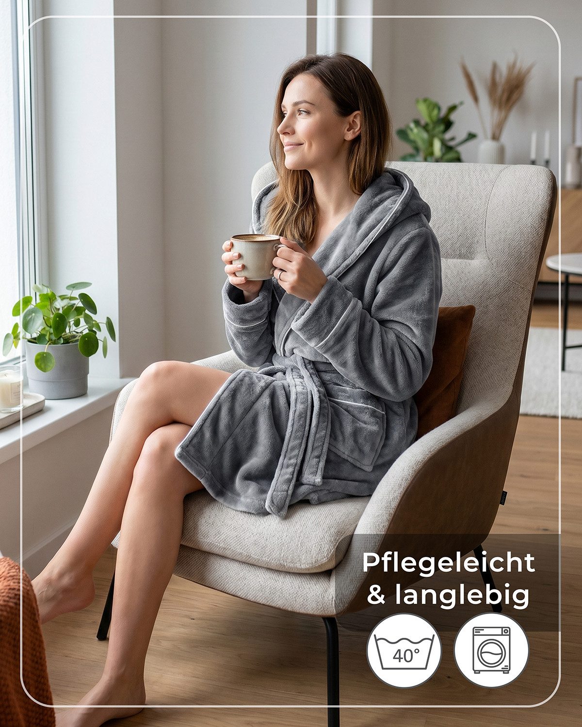 Gräfenstayn Damenbademantel Bademantel Damen flauschig Kapuze Kuschelfleece leicht kurz, warm & kuschelig, Knielang, Fronttaschen, Gürtel, S-XXL – Bild 5 von 5