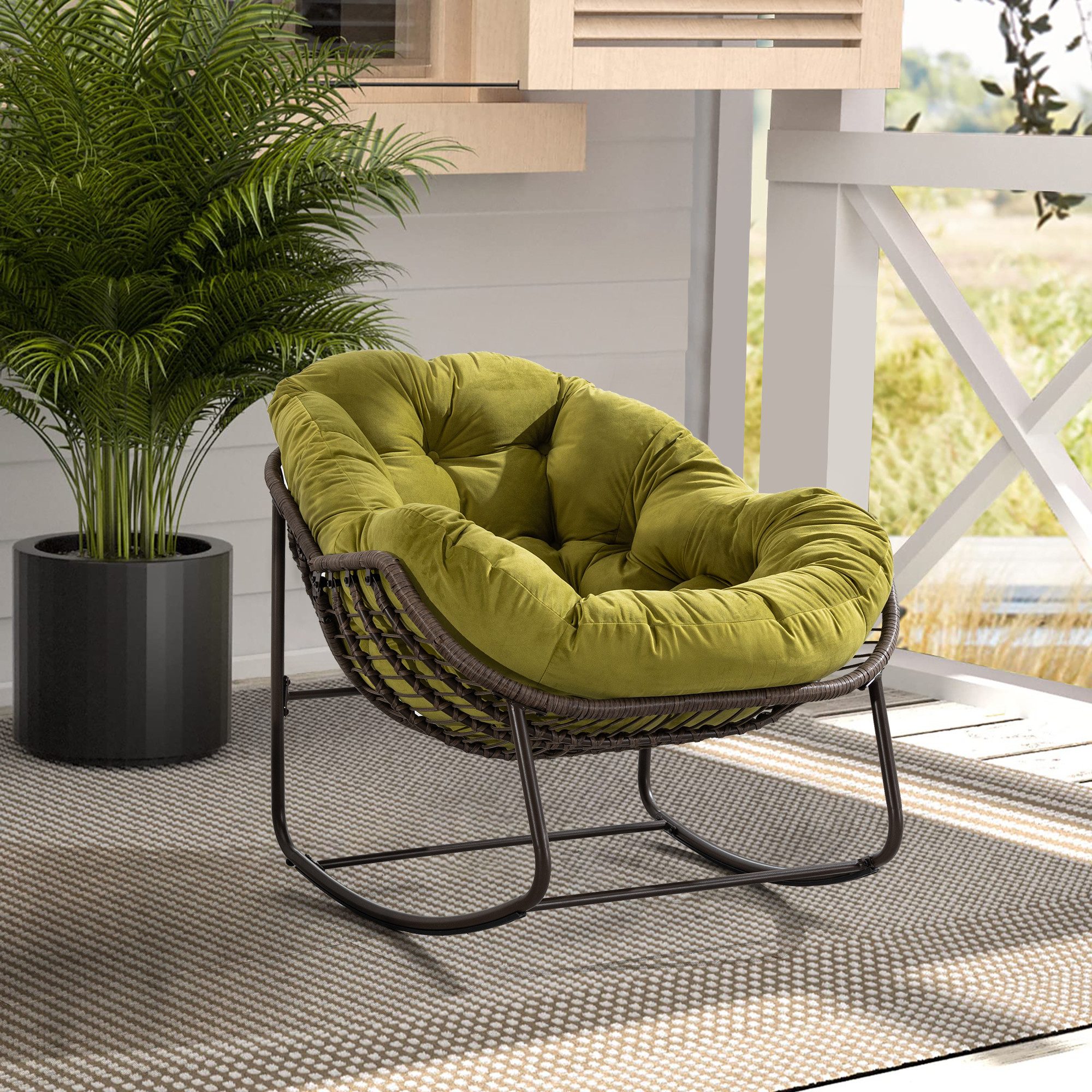 CHICFURN Schaukelstuhl Outdoor Rattan Sessel mit gepolsterter Auflage (Packung, 1 St), Rocker Recliner für Terrasse, Wohnzimmer, Garten, Olivgrün