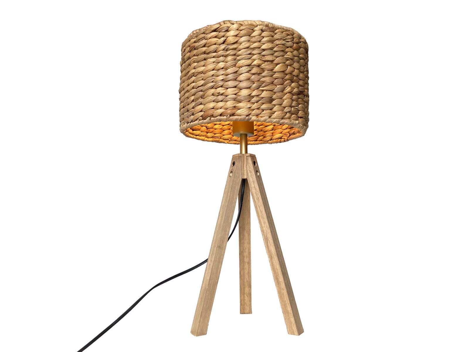 meineWunschleuchte Tischleuchte mit Holz & Wasserhyazinthe, Höhe 57cm, ohne Leuchtmittel, große Boho Tischlampe skandinavisch mit Holzfuß & E27 Korb Schirm