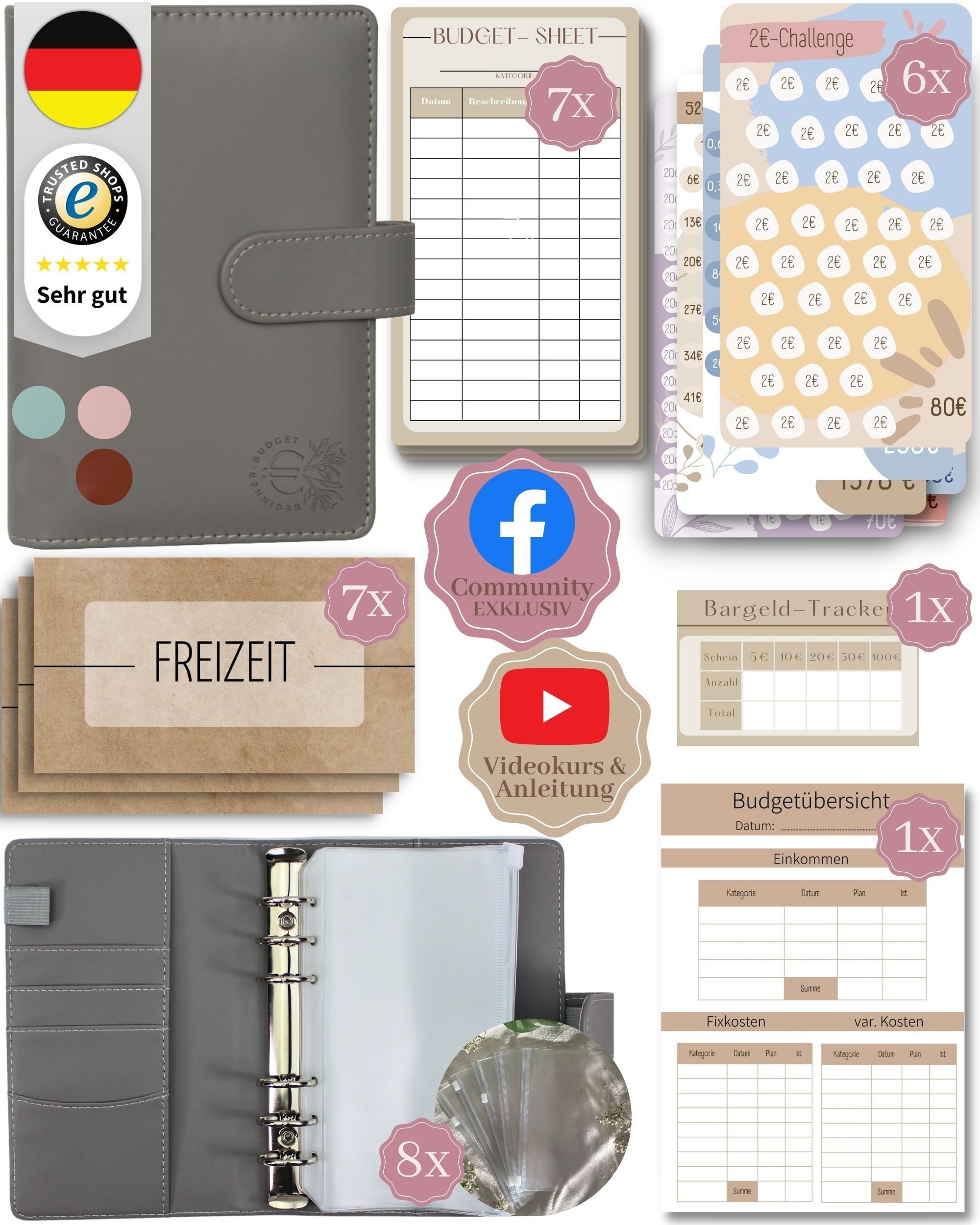 BeginnerBudget Ringbuchmappe Budgetplaner Starter-Set Sparbuch zum Geld Sparen + Spar-Challenges, Sparen mit Umschlagmethode + Anleitung - Ringbuch - Binder A6
