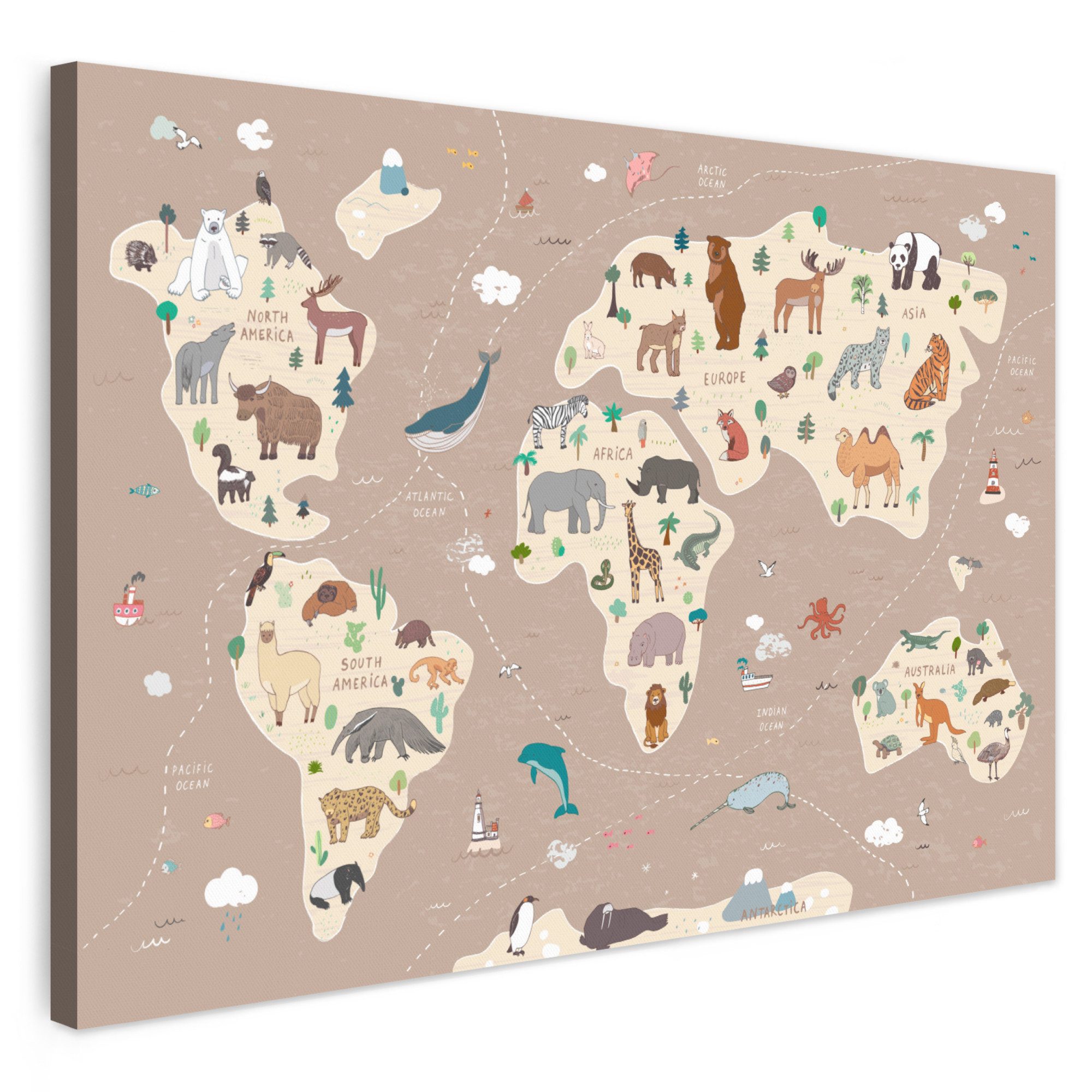 OneMillionCanvasses® Leinwandbild Weltkarte Kinder - Tiere - Braun - Jungen - Mädchen, Fotodruck (1 St), Wandbild XXL für Wohnzimmer Küche 120x80 cm