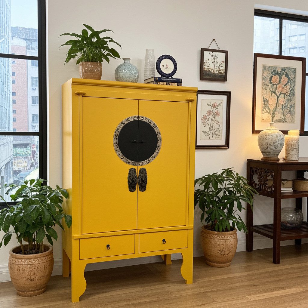 OPIUM OUTLET Kleiderschrank Asia Hochzeitsschrank Schrank Kommode Hochkommode (Breite 105 cm, Tiefe 55 cm, Höhe 175 cm, Möbel sonnen-gelb komplett montiert) chinesisch asiatisch orientalisch Vintage-Stil
