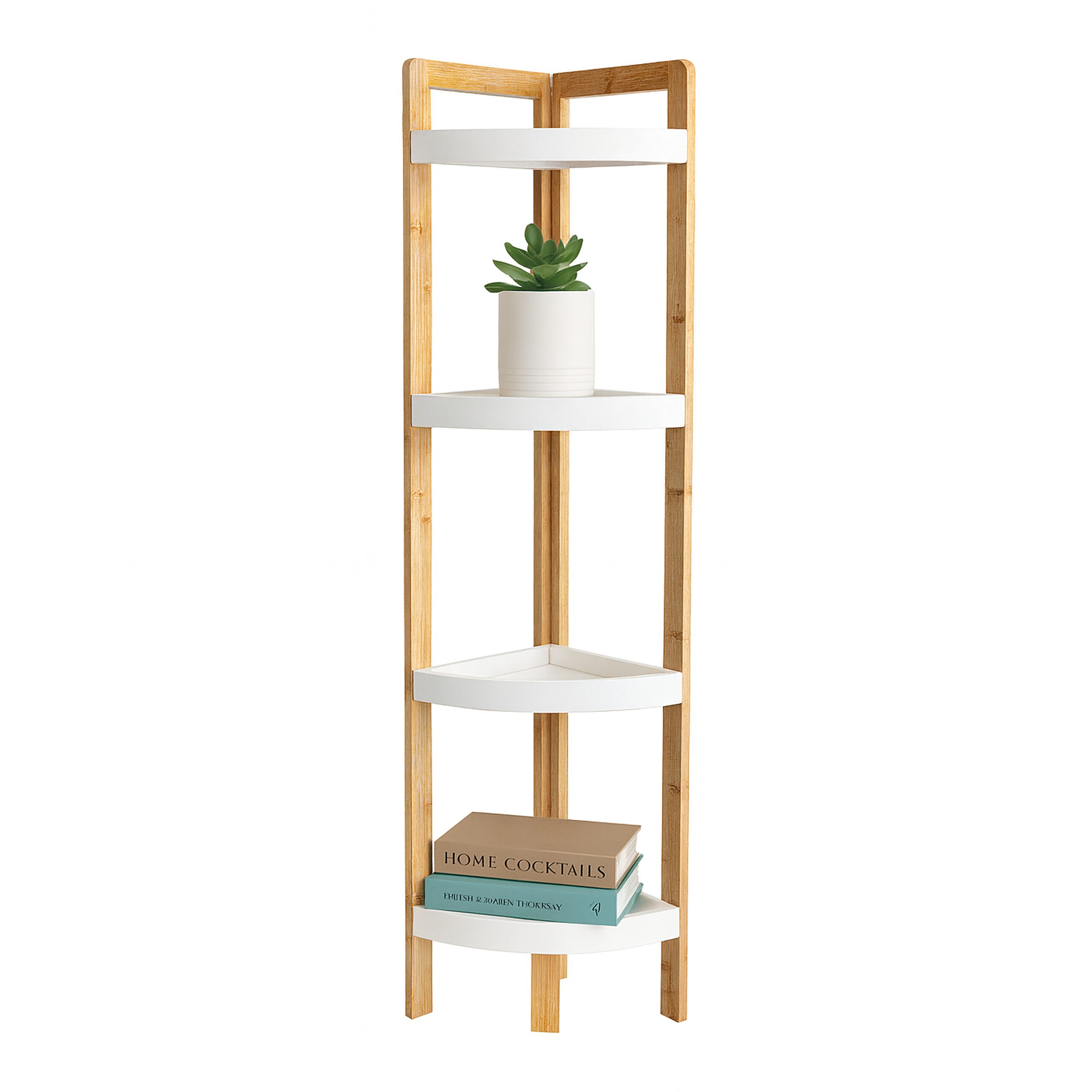 relaxdays Eckregal Bambus Eckregal mit Ablagen, 1-tlg., Natur-Weiß, 4 Ablagen