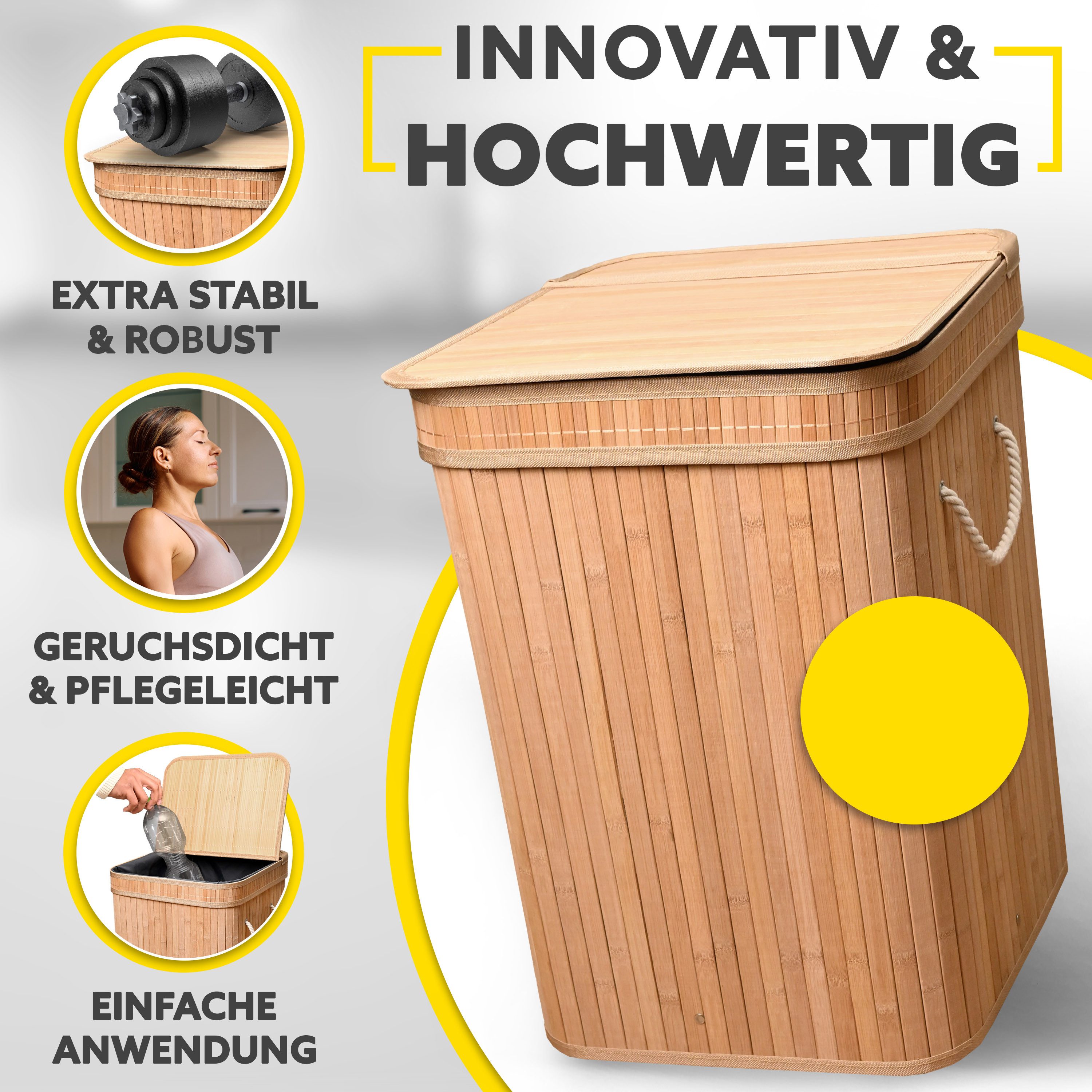 HANDFILL Flaschensammler Wäschekorb Bambus 90L mit Deckel – Pfandflaschen & Recyclingbehälter (Recycling- und Aufbewahrungs-Set aus Bambus – ideal für Pfandflas – Bild 5 von 5