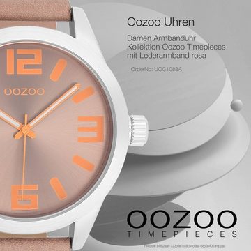 OOZOO Quarzuhr Oozoo Damen Armbanduhr Timepieces Analog, Damenuhr rund, extra groß (ca. 46mm) Lederarmband, Fashion-Style