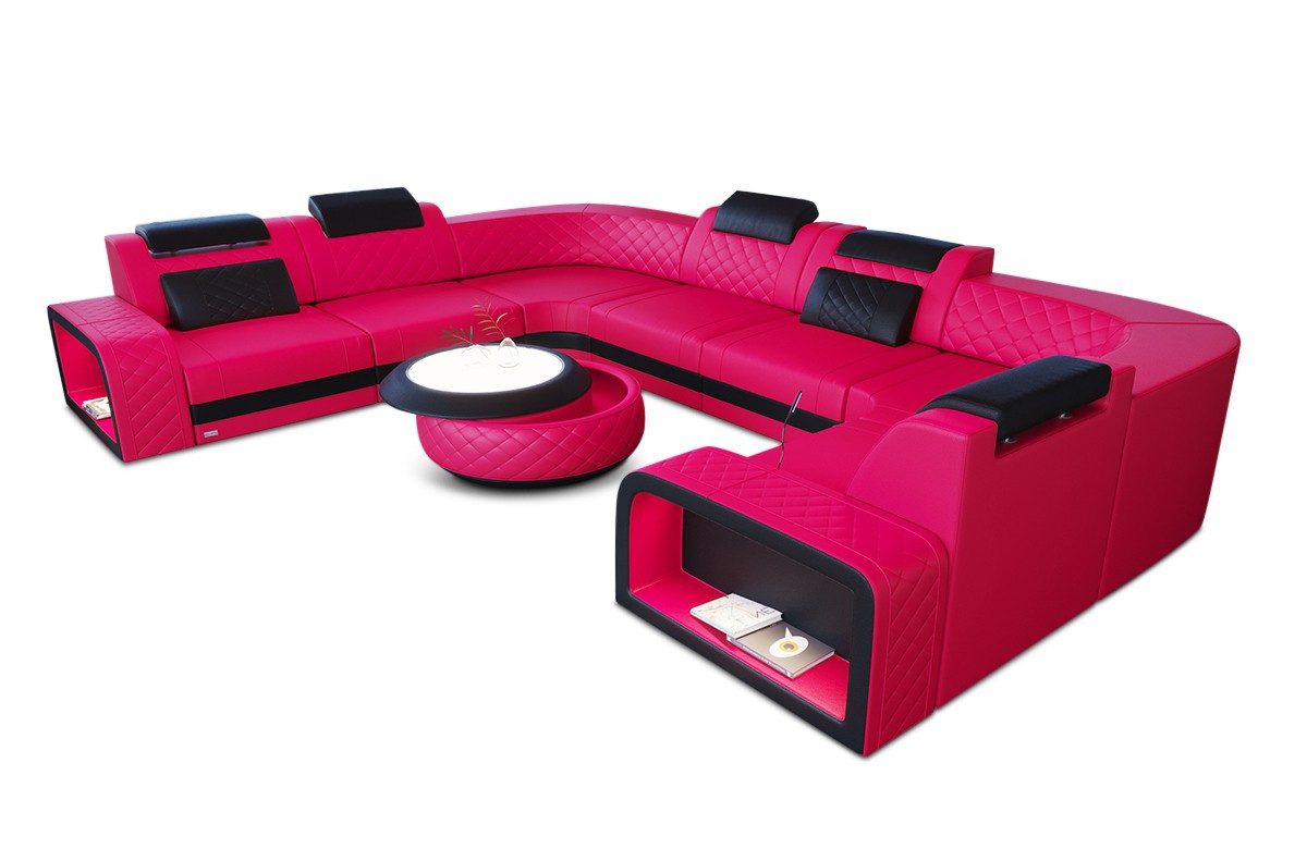 Sofa Dreams Wohnlandschaft Foggia U Form Leder, LED-Beleuchtung, Couch, 6-Sitzer, Kopfstützen, USB-Anschluss