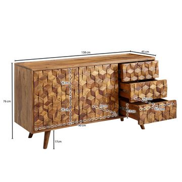 Wohnling Sideboard WL6.563 (138x76x45 cm Sheesham Massivholz, Anrichte Modern), Kommodenschrank Wohnzimmer, Kommode mit Türen