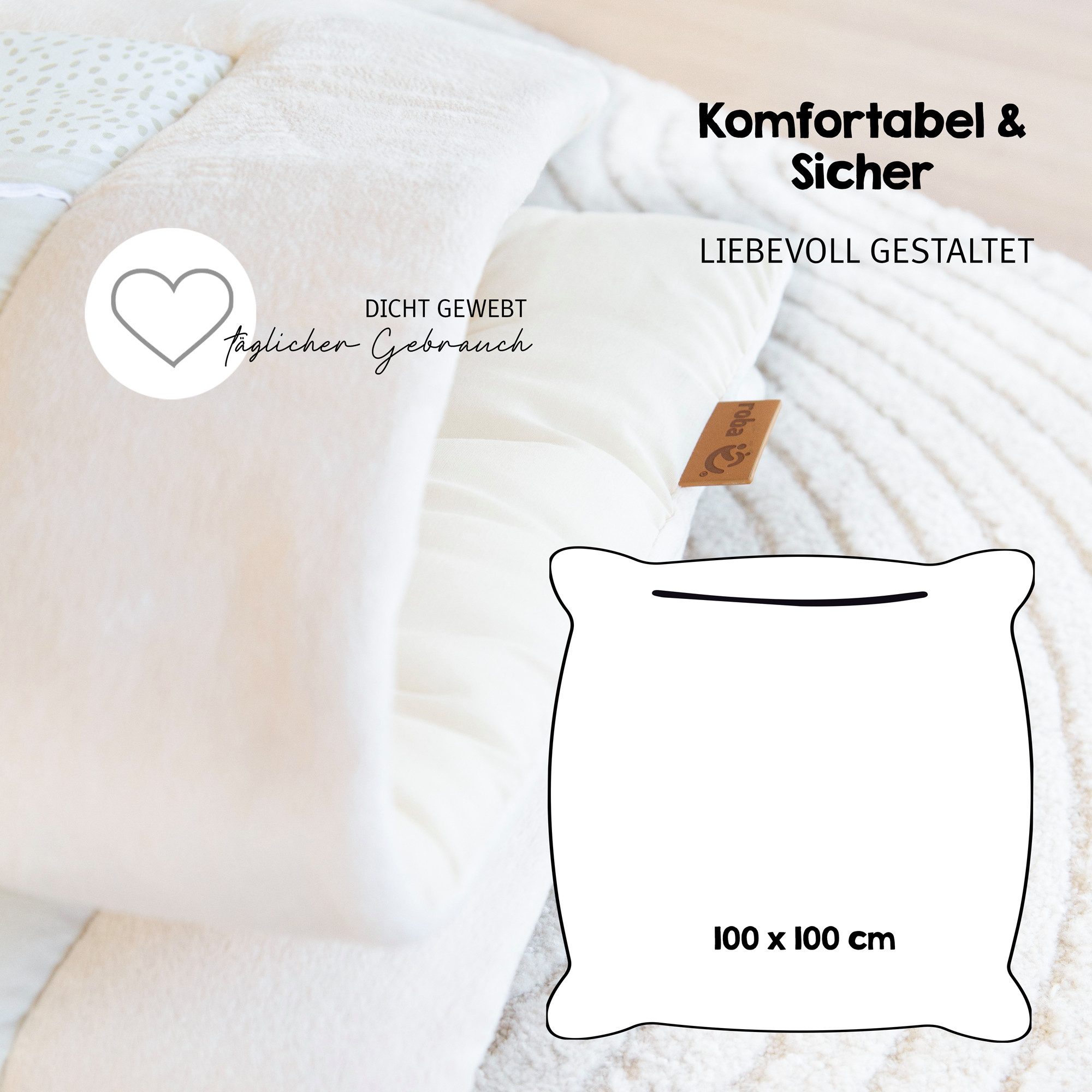 Krabbeldecke Savanna Friends 100 x 100 cm - Weich gepolsterte Spielmatte für Babys, roba®, Ab Geburt - Spieldecke aus Baumwolle - Tier-Design - Beige