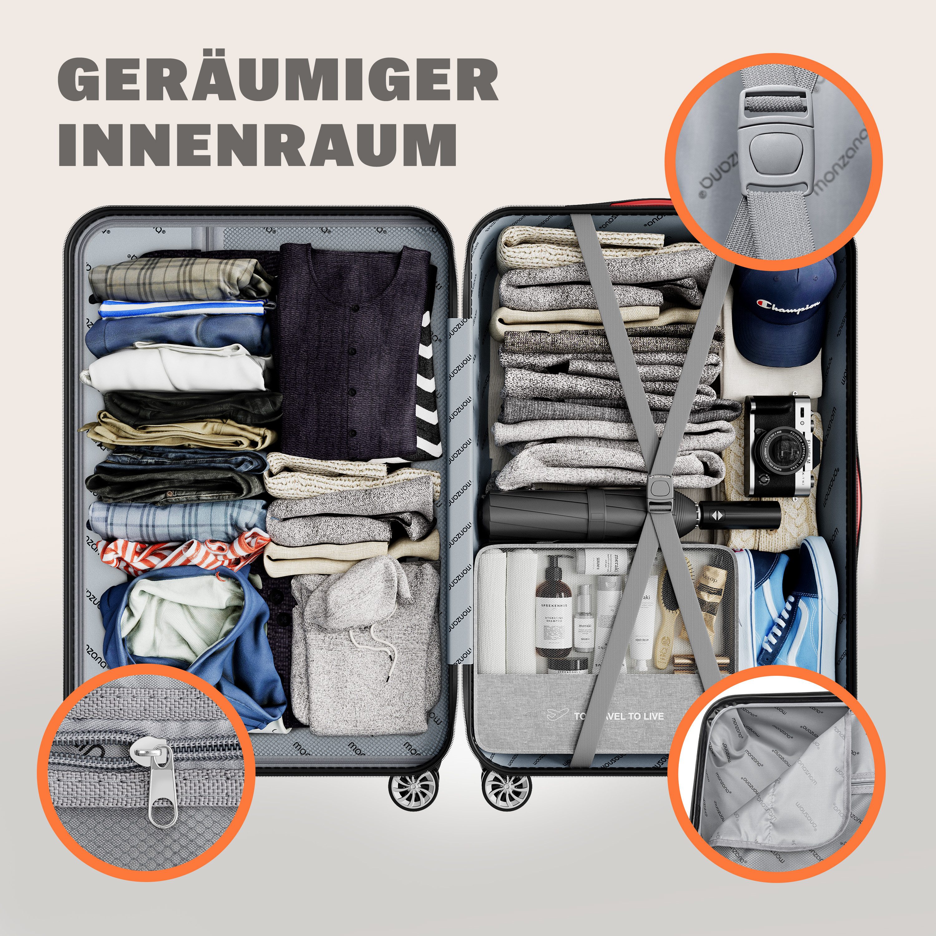 monzana Kofferset, 4 Rollen Rollen, Kofferset 4 Rollen Zahlenschloss Zwillingsrollen Trolley Reisekoffer