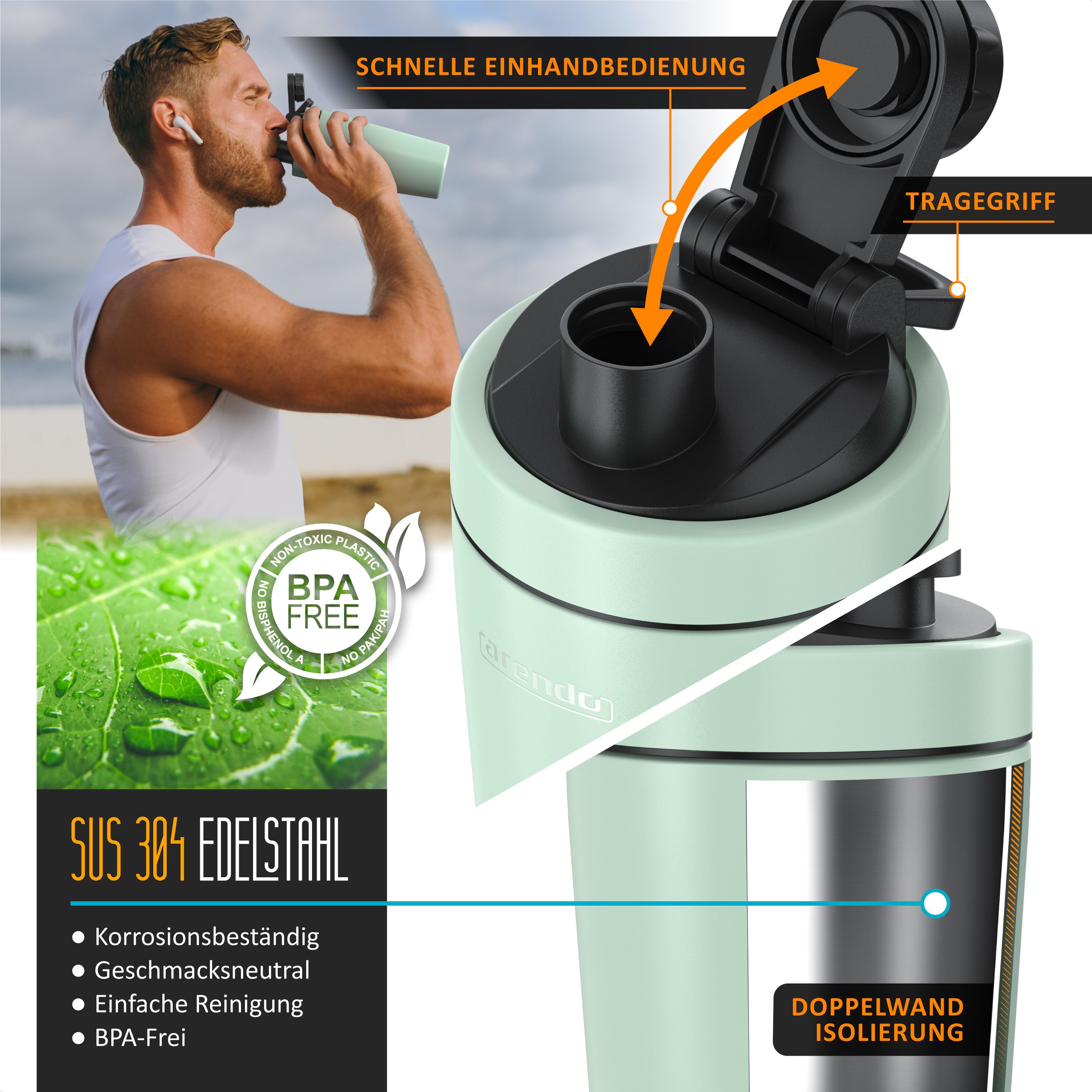 Arendo Protein Shaker Edelstahl Eiweißshaker 750 ml, verschließbar, bruchfest, BPA-frei, Edelstahl, auslaufsicher, spülmaschinengeeignet, mit Tragegriff und Mixball