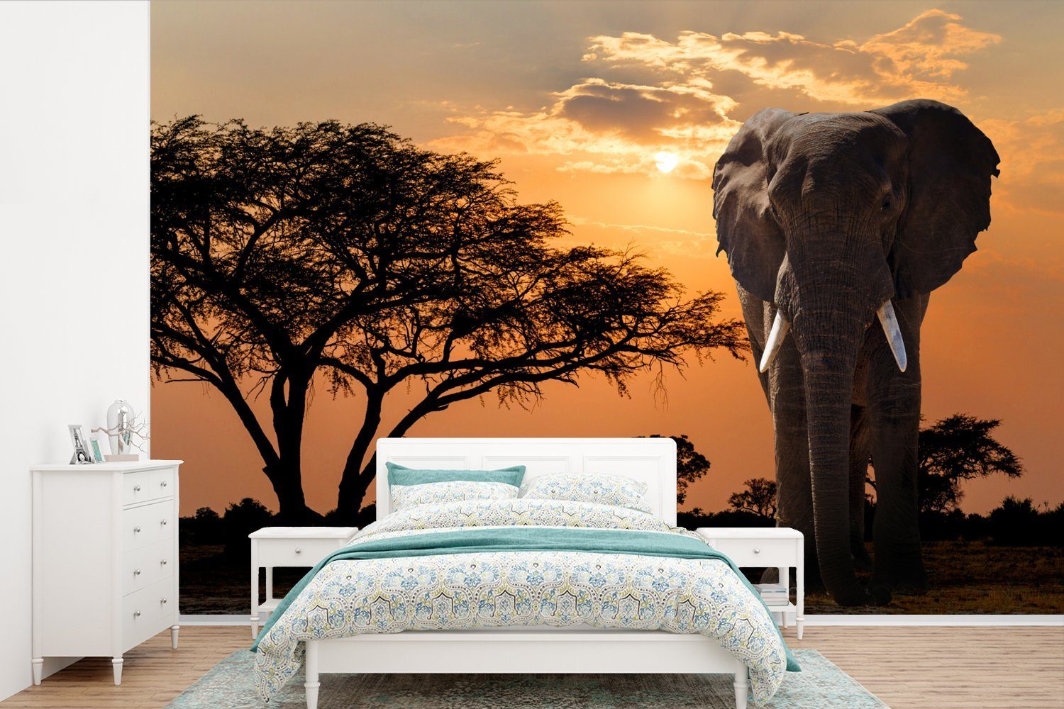 MuchoWow Fototapete Elefant - Baum - Afrika, Matt, bedruckt, (6 St), Wallpaper für Wohnzimmer, Schlafzimmer, Kinderzimmer, Vinyl Tapete