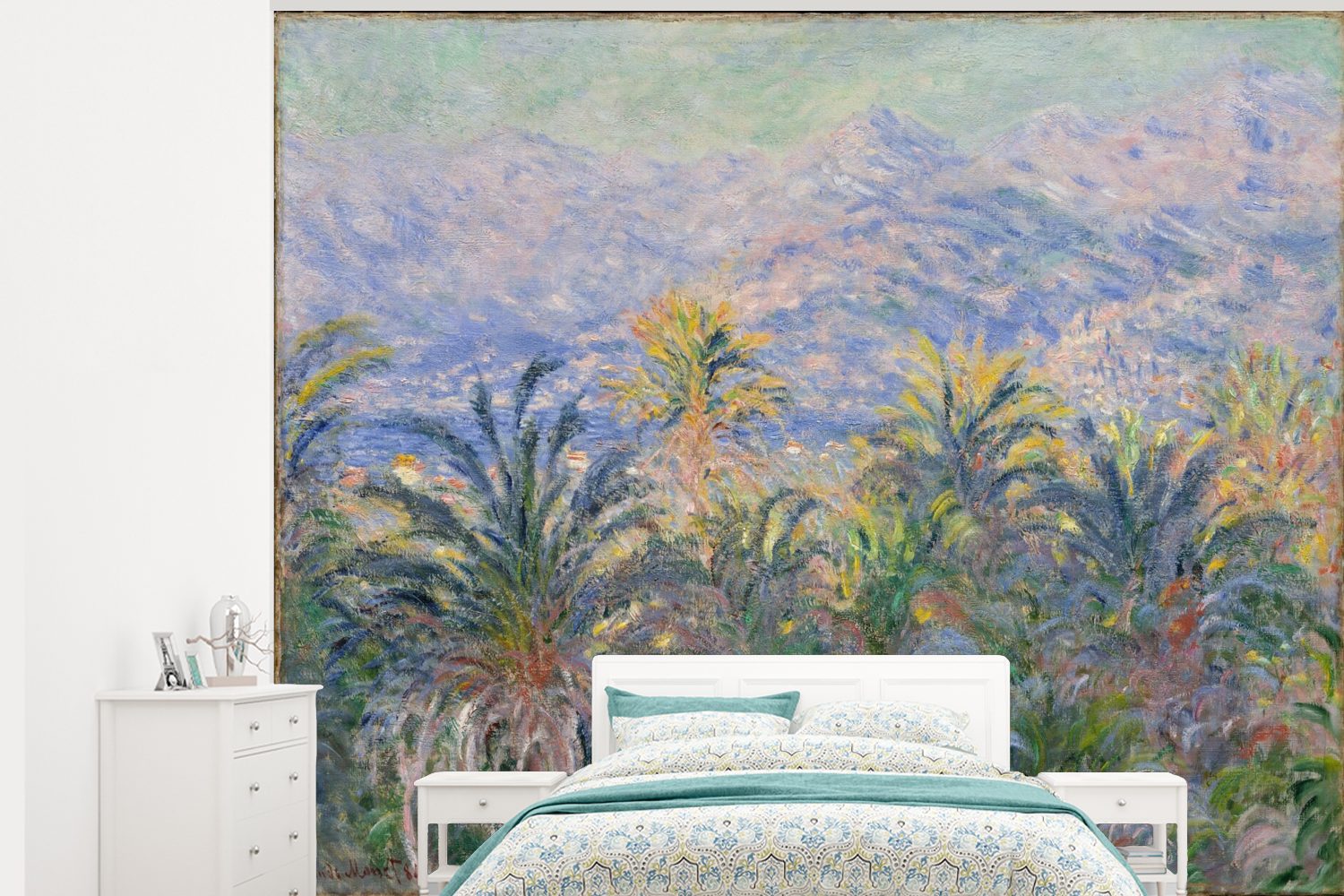 MuchoWow Fototapete Palmen bei Bordighera - Gemälde von Claude Monet, Matt, bedruckt, (5 St), Montagefertig Vinyl Tapete für Wohnzimmer, Wandtapete