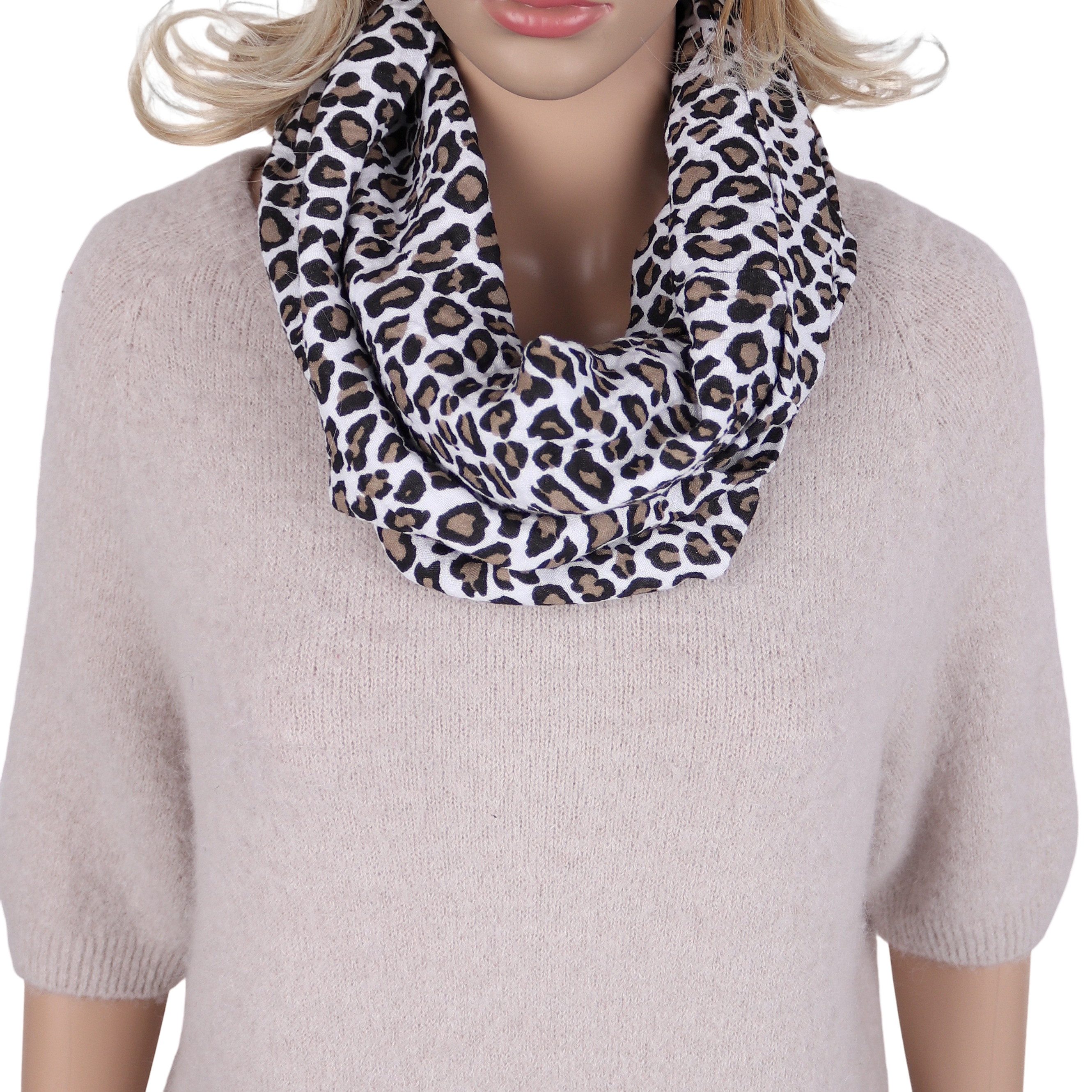 MIRROSI Loop Damen Schal aus Musellin, Made in Italy 70x20cm, Leo, Schlauchschal, (Zweimal um den Hals wickelbar, ca.70x20cm), Damen Halstuch ideal für Frühling, Sommer oder Herbst