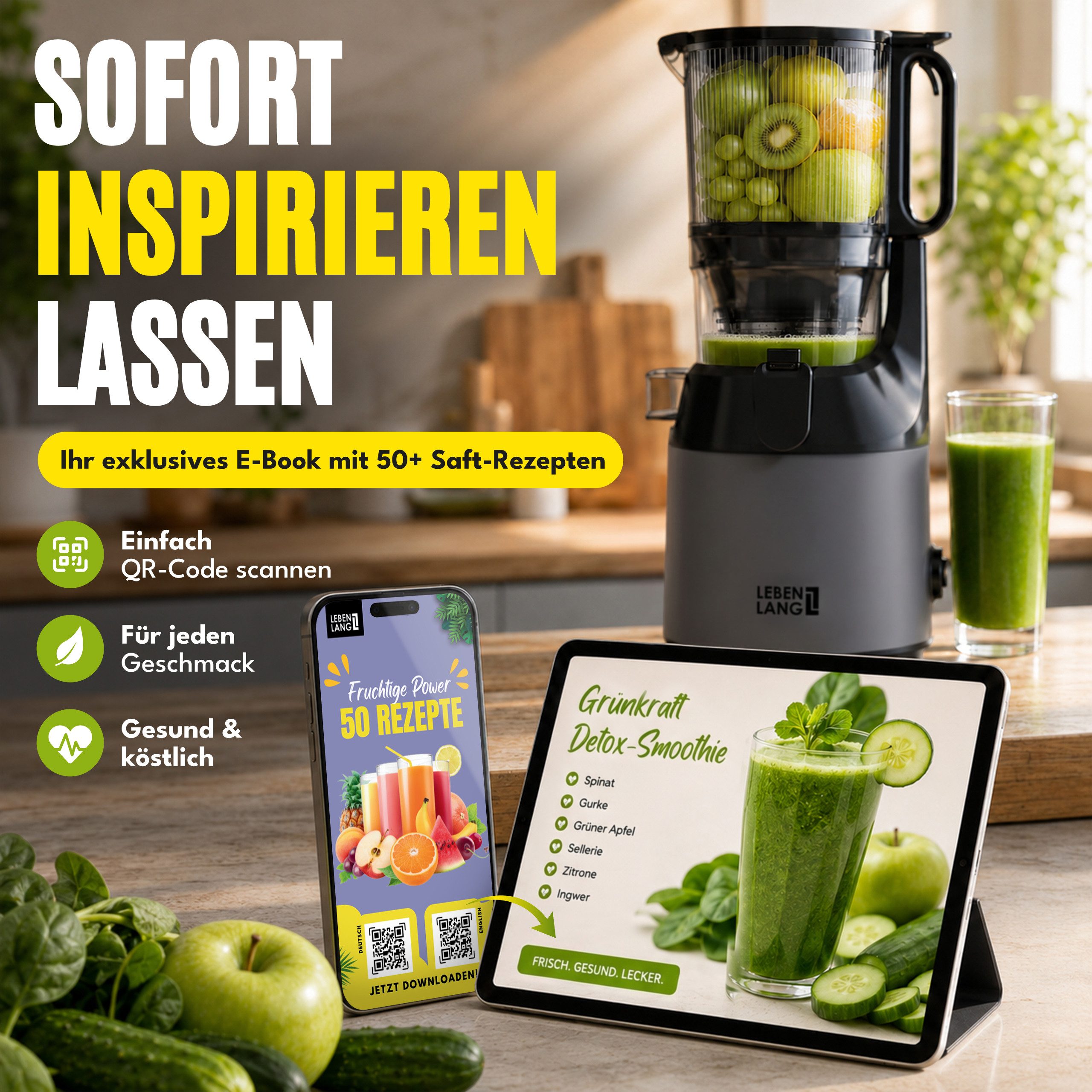 Lebenlang Slow Juicer Entsafter mit 130-mm-Einfüllöffnung, für ganze Früchte & Gemüse, 250 W, Kaltpress-Technologie, BPA-frei, spülmaschinengeeignet – Bild 2 von 5