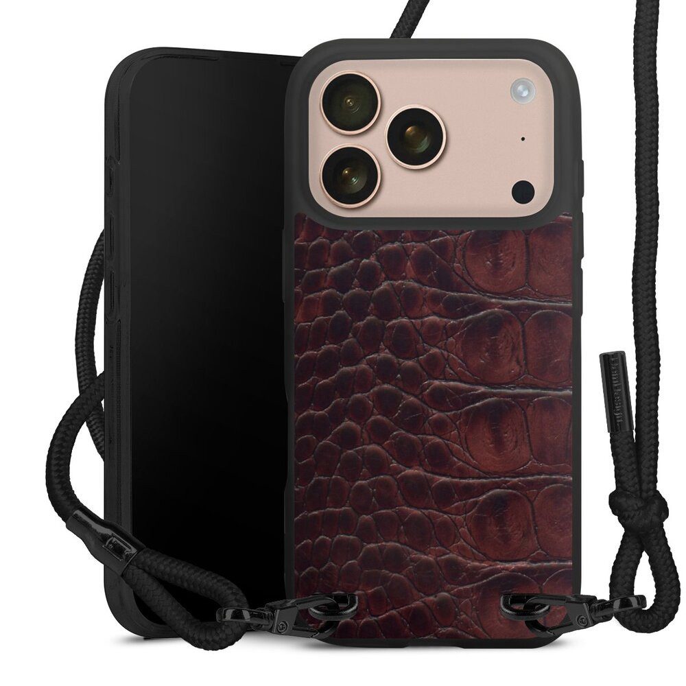 DeinDesign Handyhülle Krokodil Leder Animalprint Croco dark brown, Apple iPhone 17 Pro Premium Handykette Hülle mit Band Cover mit Kette