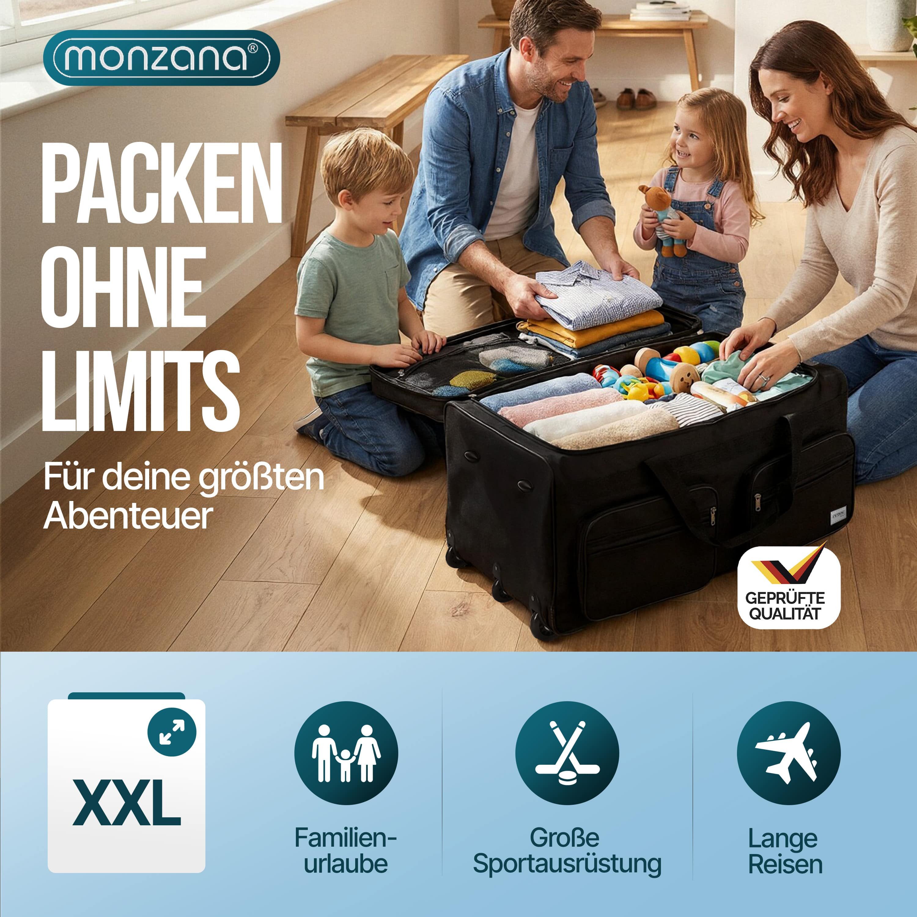monzana Reisetasche Leonardo, mit Rollen 160L Trolley Teleskopgriff Schwarz Groß XXL Gepäcktasche