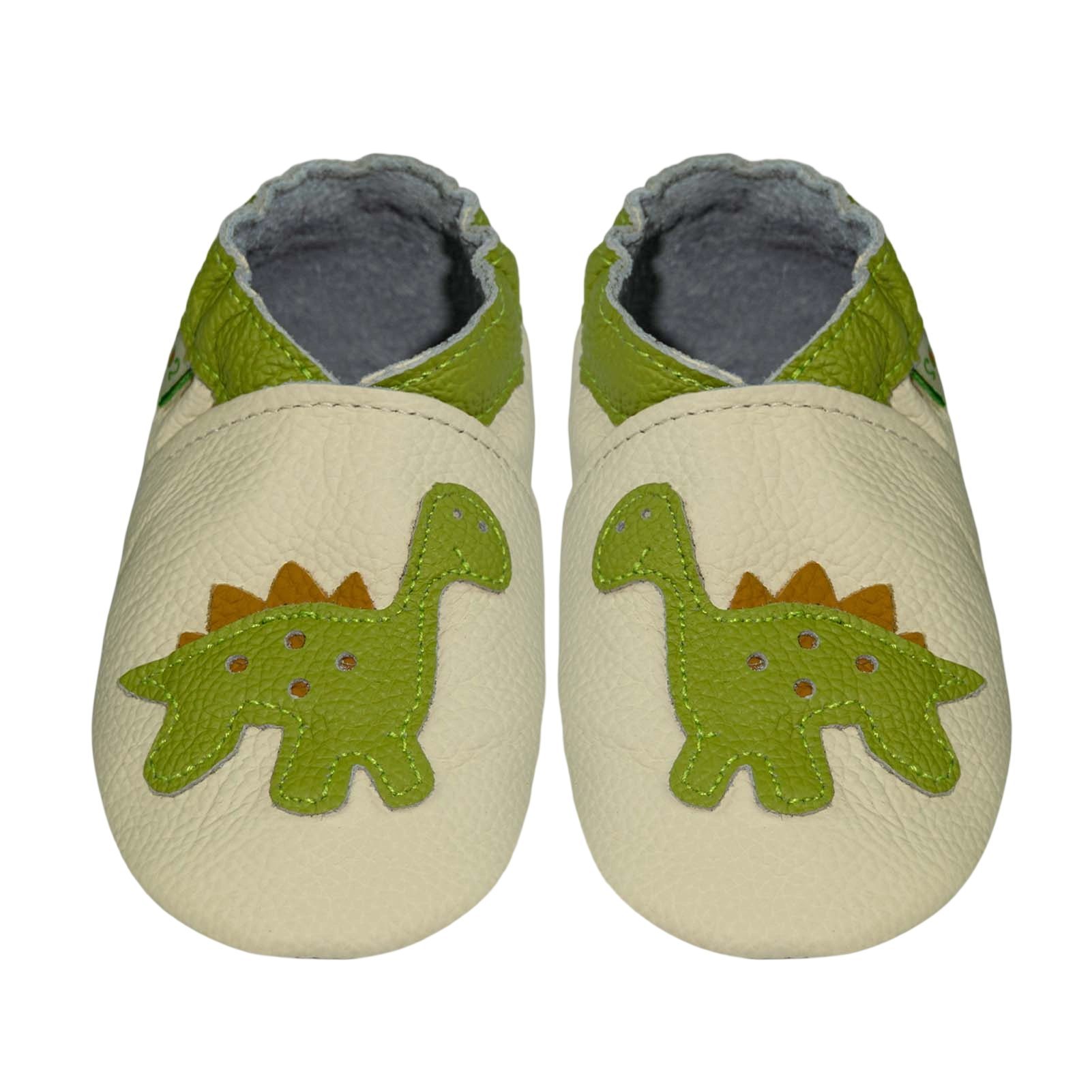 Sayoyo Weiche Leder Lauflernschuhe Hausschuhe Lederpuschen Dino Beige Krabbelschuh (100% Leder) elastisch