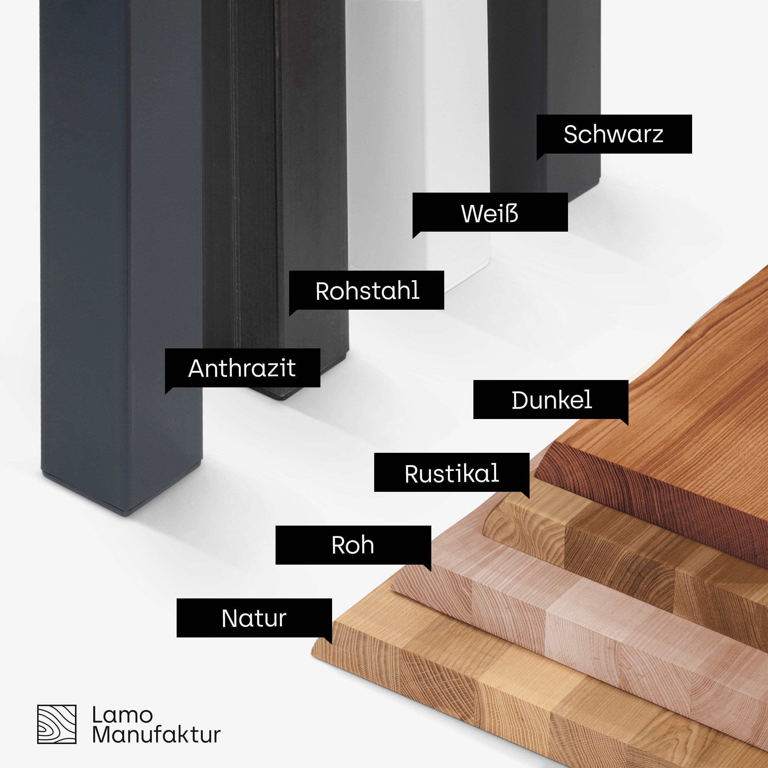 massiv Baumkantentisch | Rohstahl inkl. Natur Baumkante Klarlack Manufaktur Classic mit Massivholz Metallgestell (1 Esstisch LAMO Tisch),