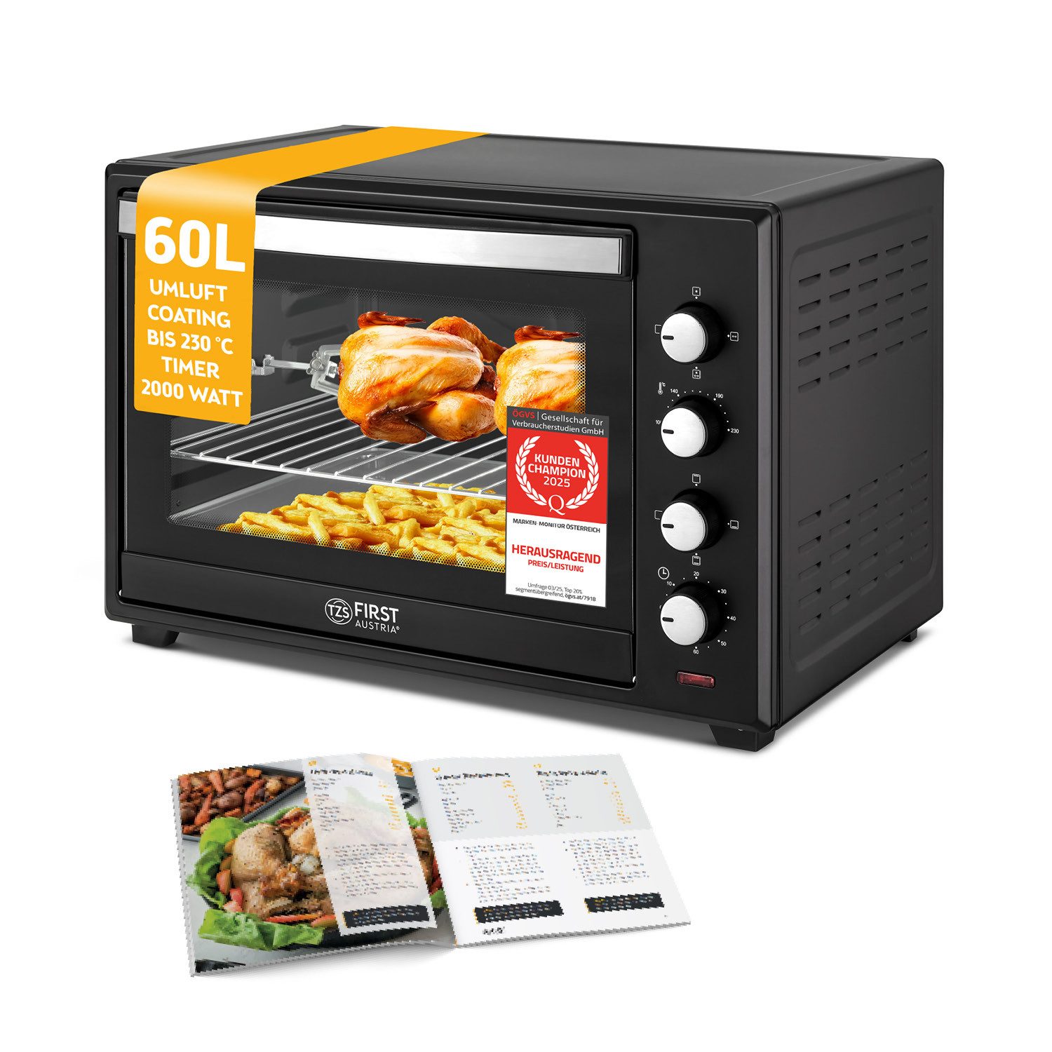 TZS FIRST AUSTRIA Minibackofen 60L 2000W, Premium-X Coating, Temperaturregelung bis 230°C, 60 Min Timer, 4 Einschubhöhen, Umluftfunktion, Backofenbeleuchtung