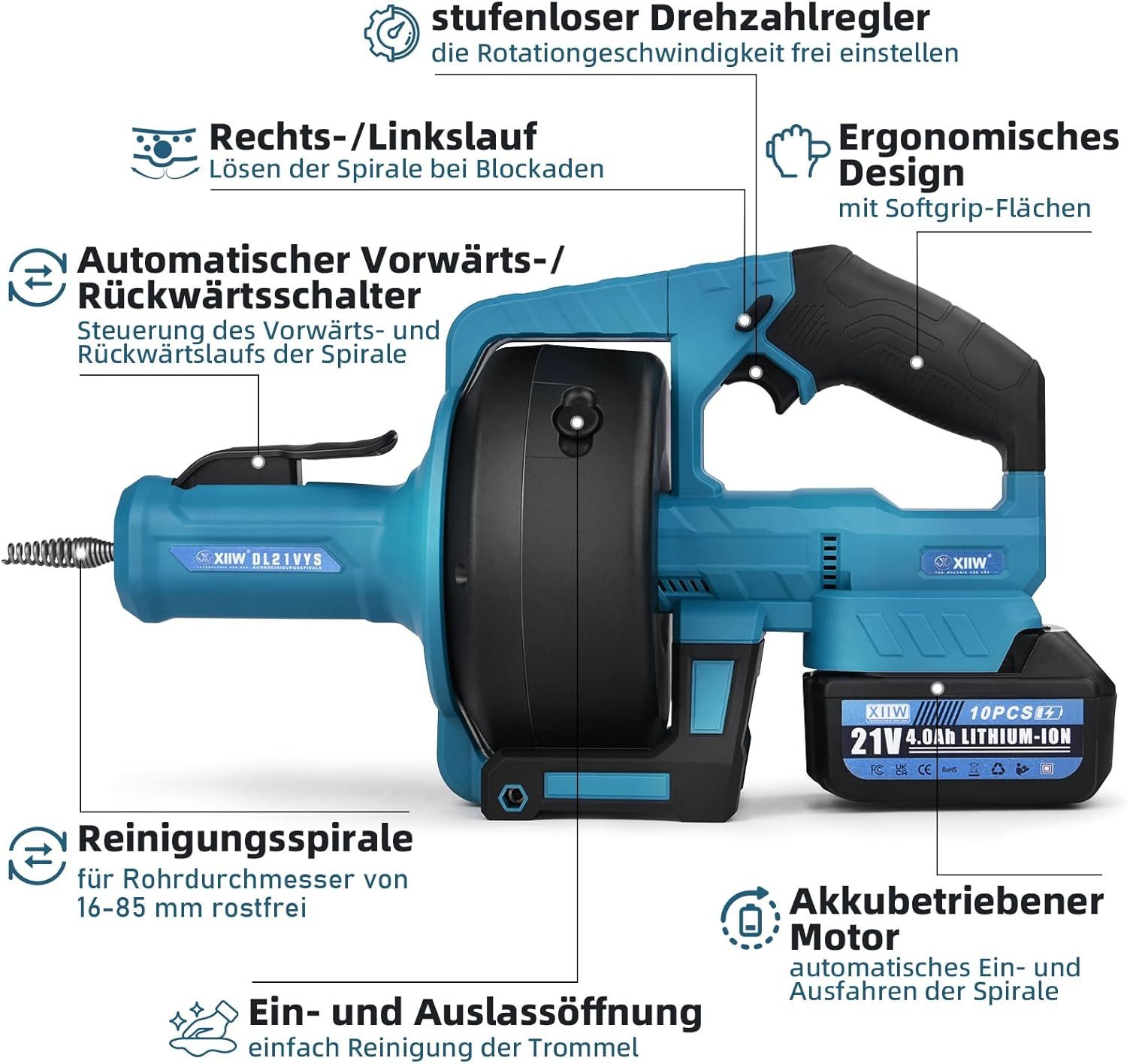 XERSEK Rohrreinigungsspirale Akku-Rohrreiniger Rohrreinigungsmaschine geeignet für Makita 18V, ∅ 9 mm, 7.6m für 18-85mm mit 2X 21V 4,0A Akku, Elektrischer Abflussreiniger