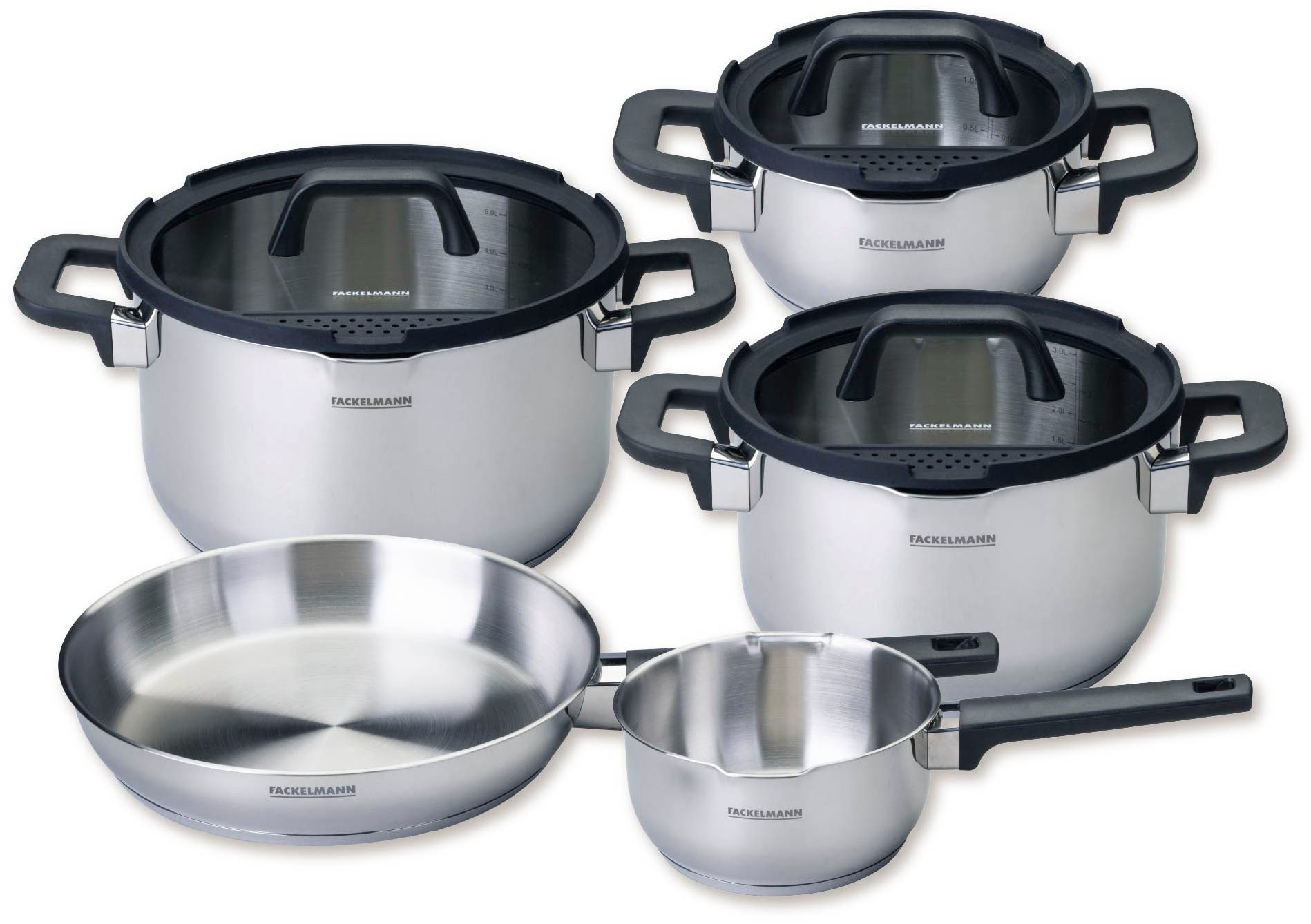 FACKELMANN Topf-Set Elmau, Edelstahl (Set, 8-tlg), Deckel mit Abgießfunktion