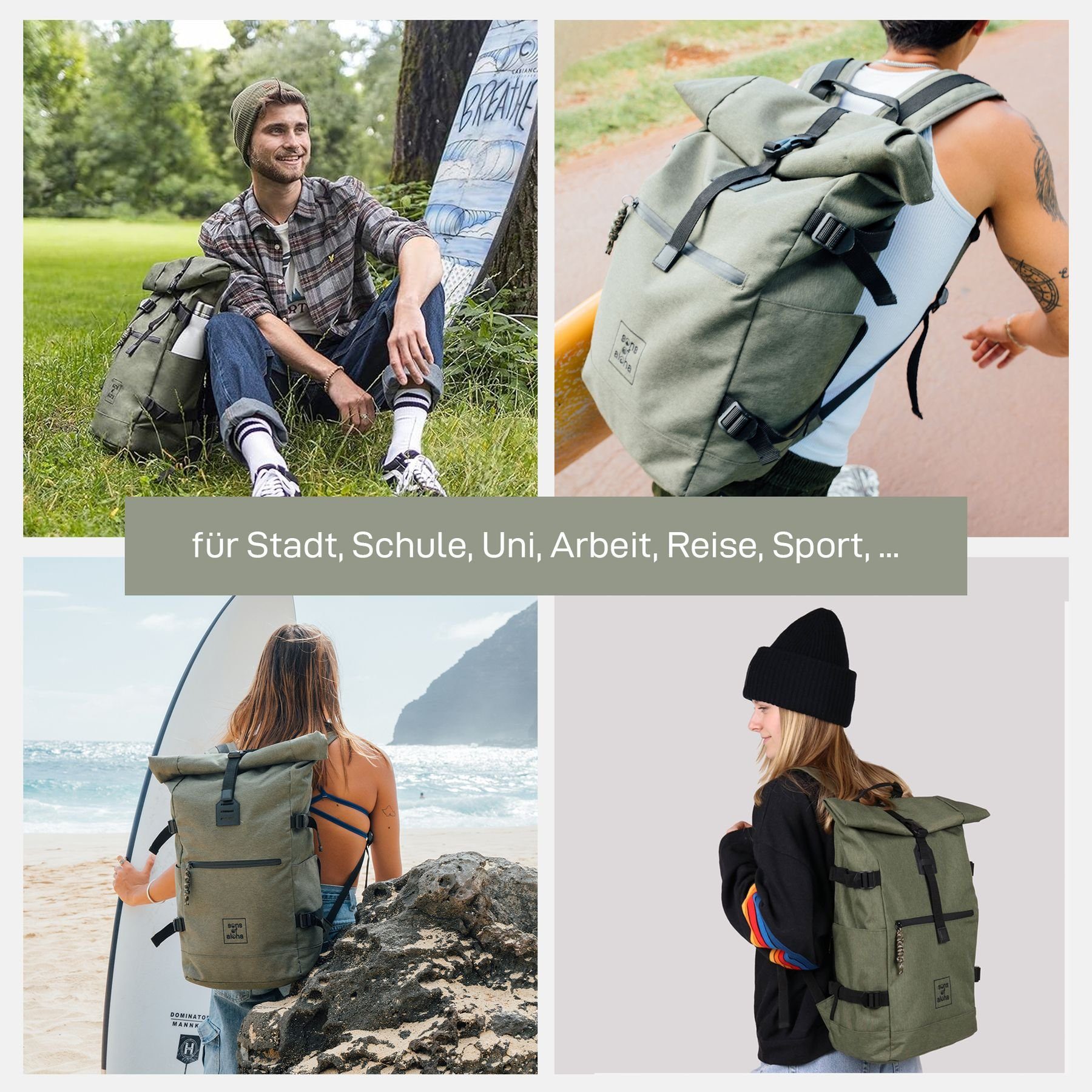 SONS OF ALOHA Rucksack XL RollTop Rucksack KANE erweiterbar Laptop-Fach groß, Tagesrucksack Laptopfach aus recyceltem Plastik, Daypack viele Fächer