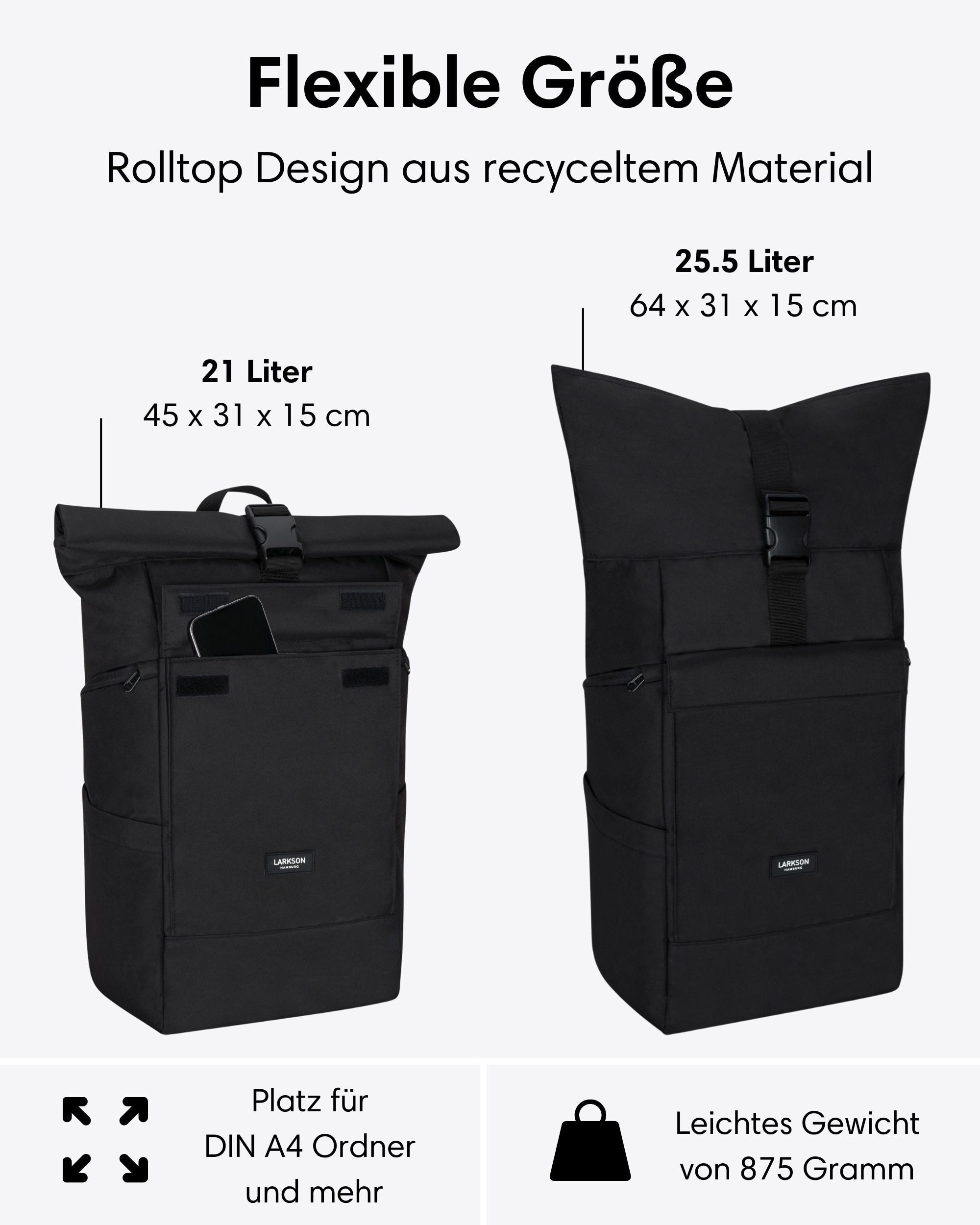 LARKSON Cityrucksack No 4 Large Rolltop Rucksack für Damen und Herren (1-tlg), Geräumiger Rolltop Rucksack für Reisen, Wasserabweisend