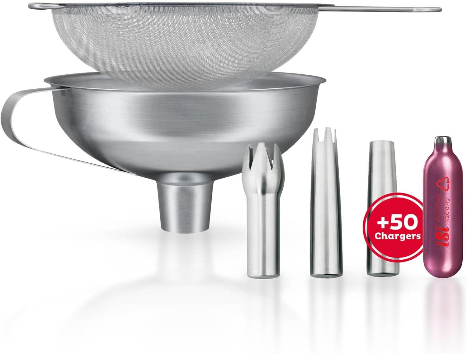 iSi Sahnesyphon Edelstahltüllen Set + Trichter und Sieb+ iSi Professional Chargers 50