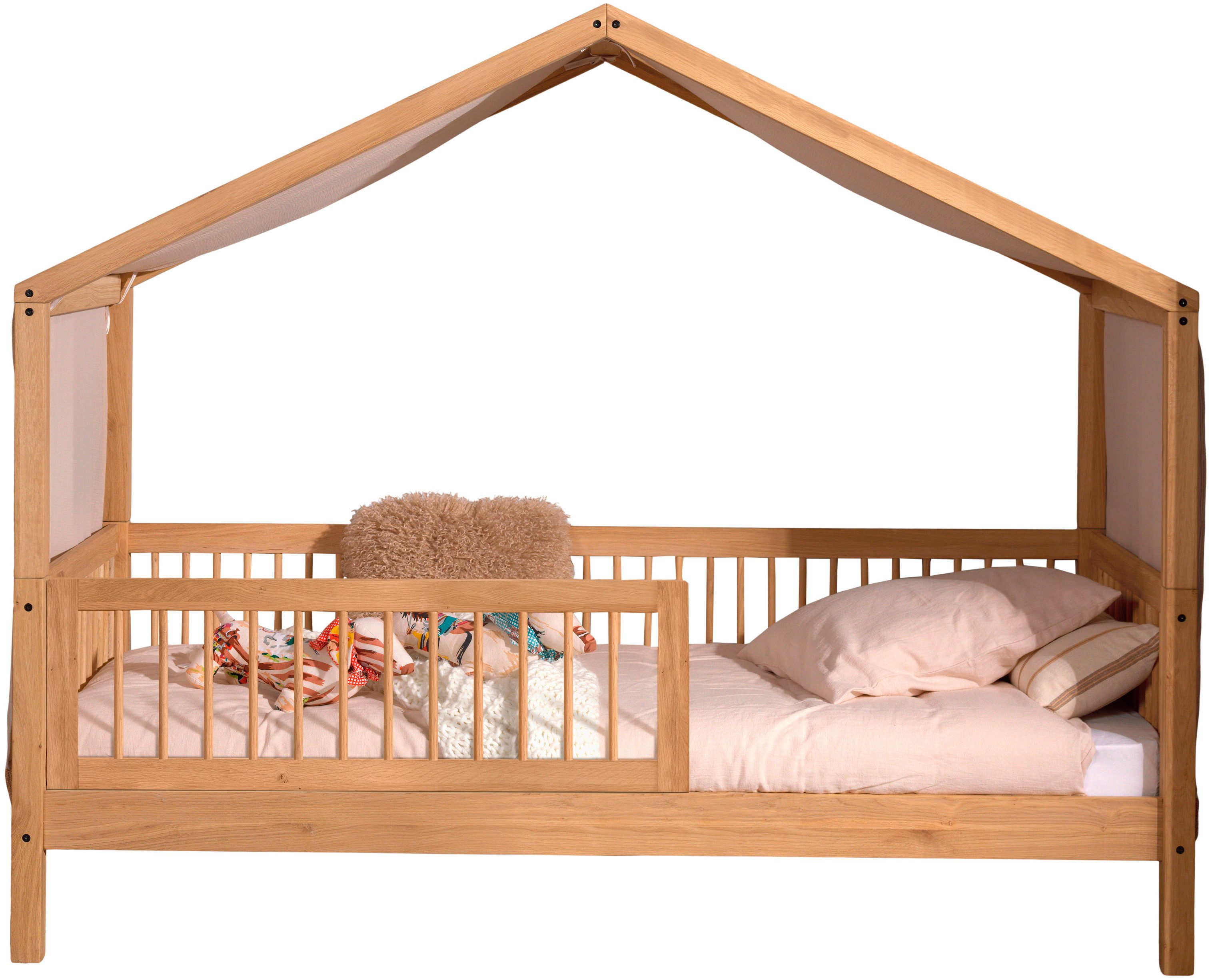 Home affaire Hausbett Forrest mit Dachaufbau, Rausfallschutz vorne und Textilhimmel, aus massiver Eiche geölt 90/200, wahlweise mit u. ohne Bettschublade