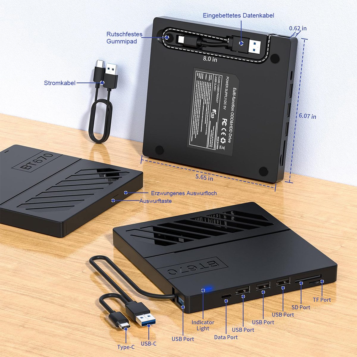 Novzep 7-in-1 Externer CD/DVD Player & Brenner – USB, Ultra Slim, Tragbar, DVD-Brenner (mit SD/TF Kartenleser & USB-Hub, für Windows/macOS)