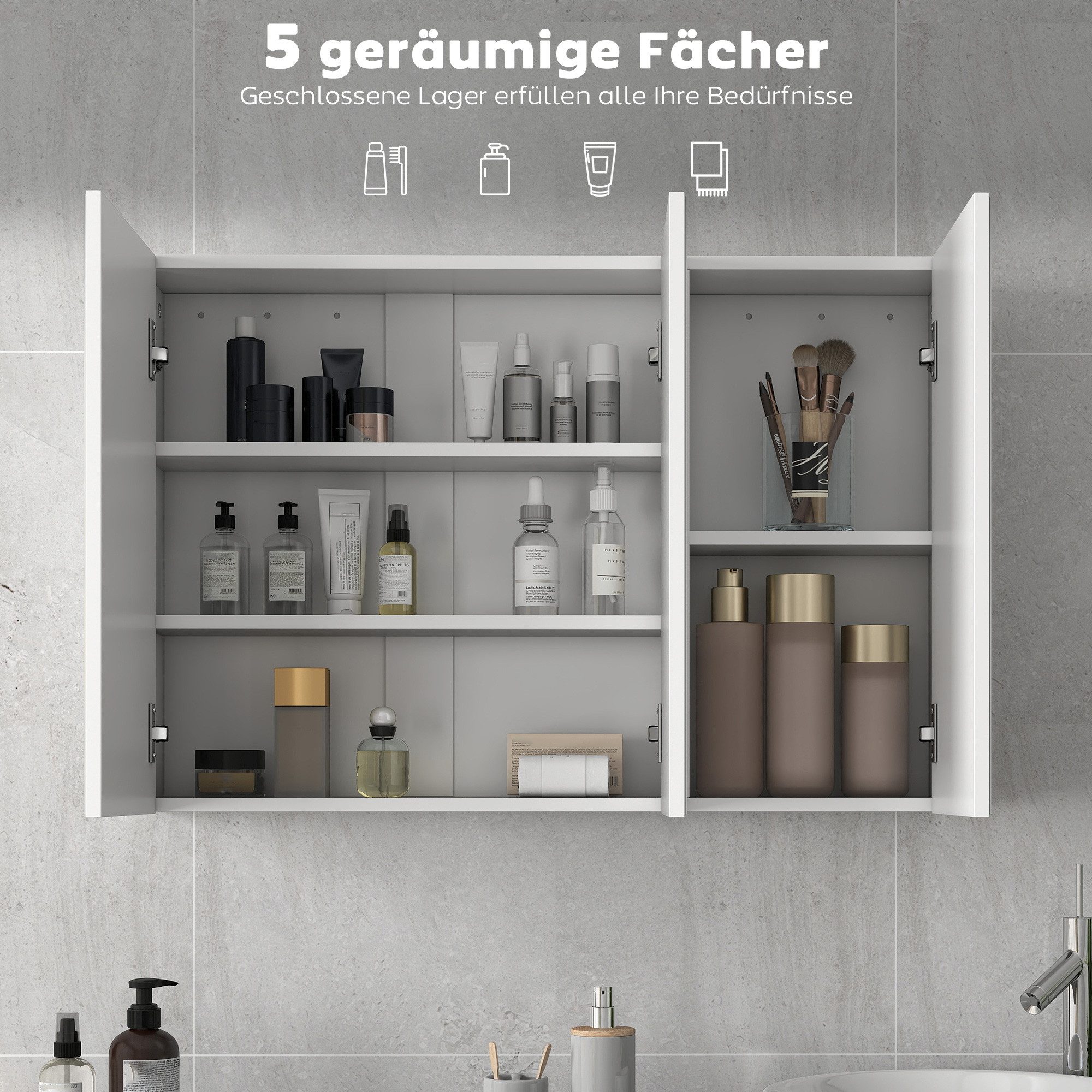 HOMCOM Spiegelschrank Bad Hängeschrank Wandschrank mit Spiegel, mit 3 Türen, 5 Regale (Badschrank, 1-St., Badezimmerschrank) für Badezimmer, Weiß, 90 x 15,5 x 6 – Bild 5 von 5