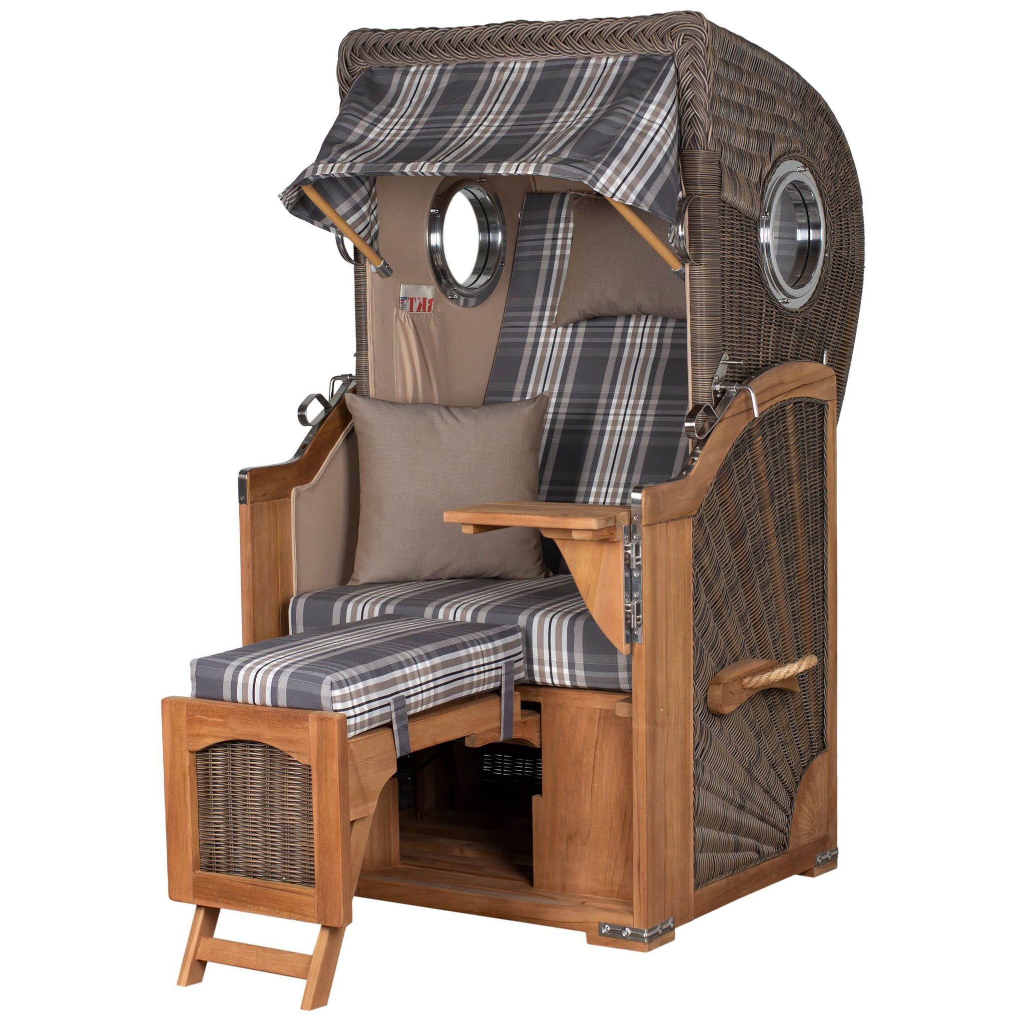 bene living Strandkorb Ammersee 1-Sitzer Teak - PE grau - Modell 522, BxTxH: 96x80x165 cm, Volllieger, Ostsee-Strandkorb, (Strandkorb-Komplettset, 5-tlg., Strandkorb inkl. Liftersystem und umfangreichem Zubehör), mit Windschutzfolie, Bistrotisch und bequemer Polsterung