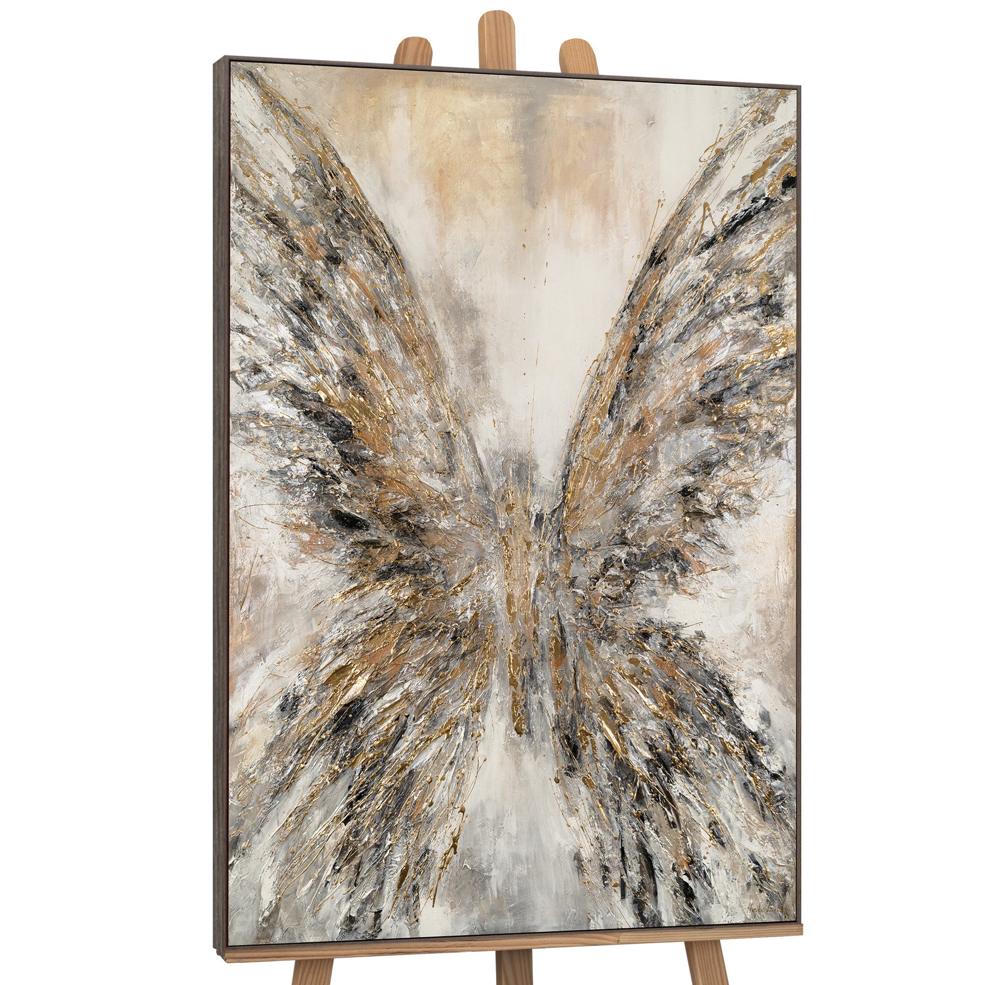 YS-Art Gemälde Goldene Flügel, Abstraktion, Schmetterling, Emgel in hellen Tönen gerahmt