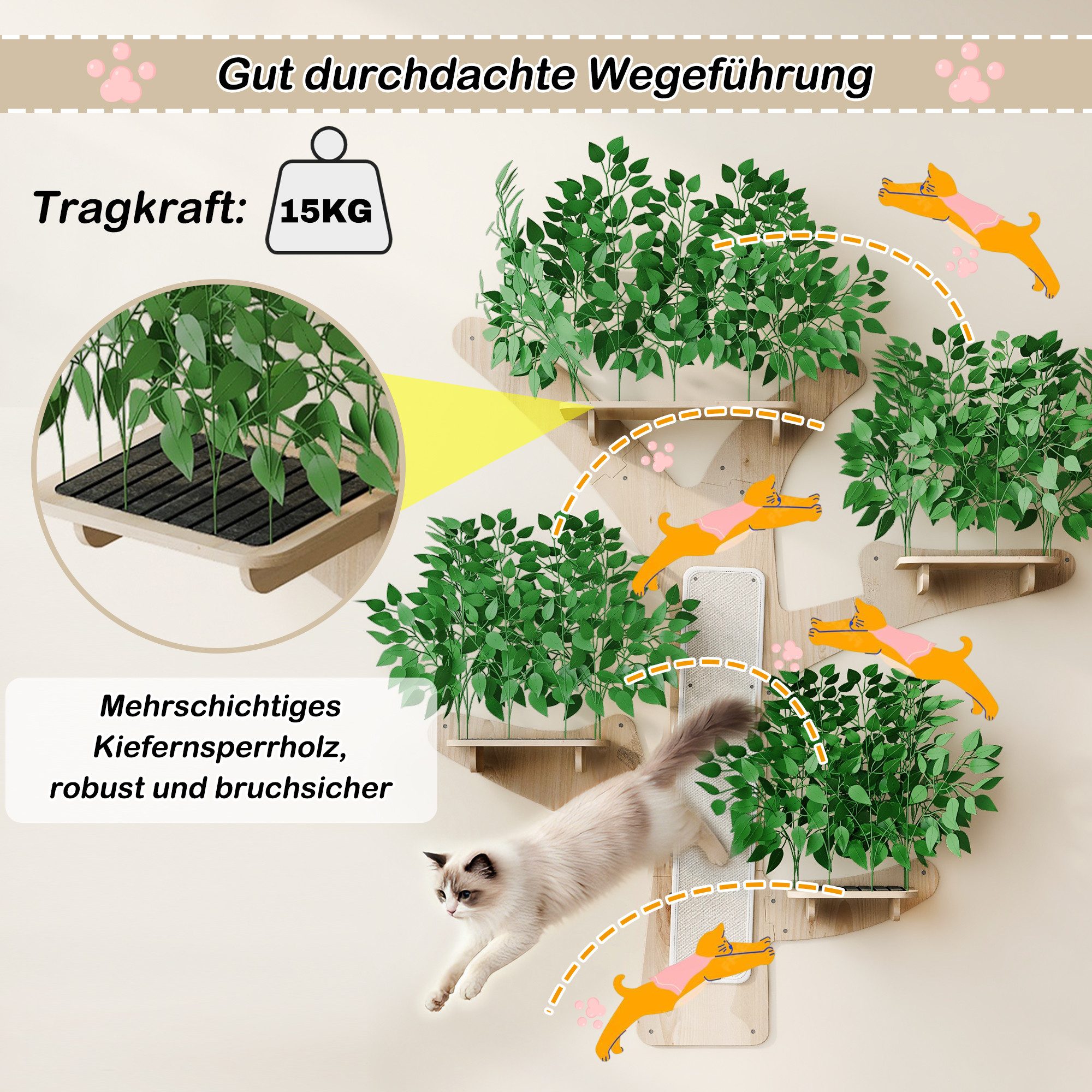 BlingBin Kratzbaum Wand-Kratzbaum in Baumform mit Kratzfläche & Plattformen, Dekorativ & stabil, 155×210 cm- katzen kletterwand,kratzbaum wand