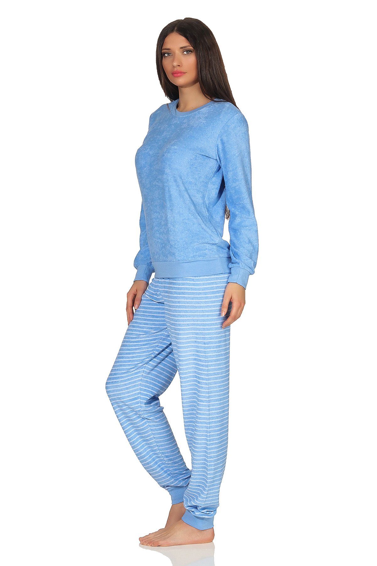 Schlafanzug mit Normann mit Frottee Damen Pyjama Pyjama hellblau süßem Bündchen, Tiermotiv