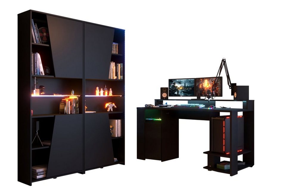 Set LED Kindermöbel Parisot Beleuchtung Gamingtisch 24 Gamer Gaming schwarz 3-tlg.