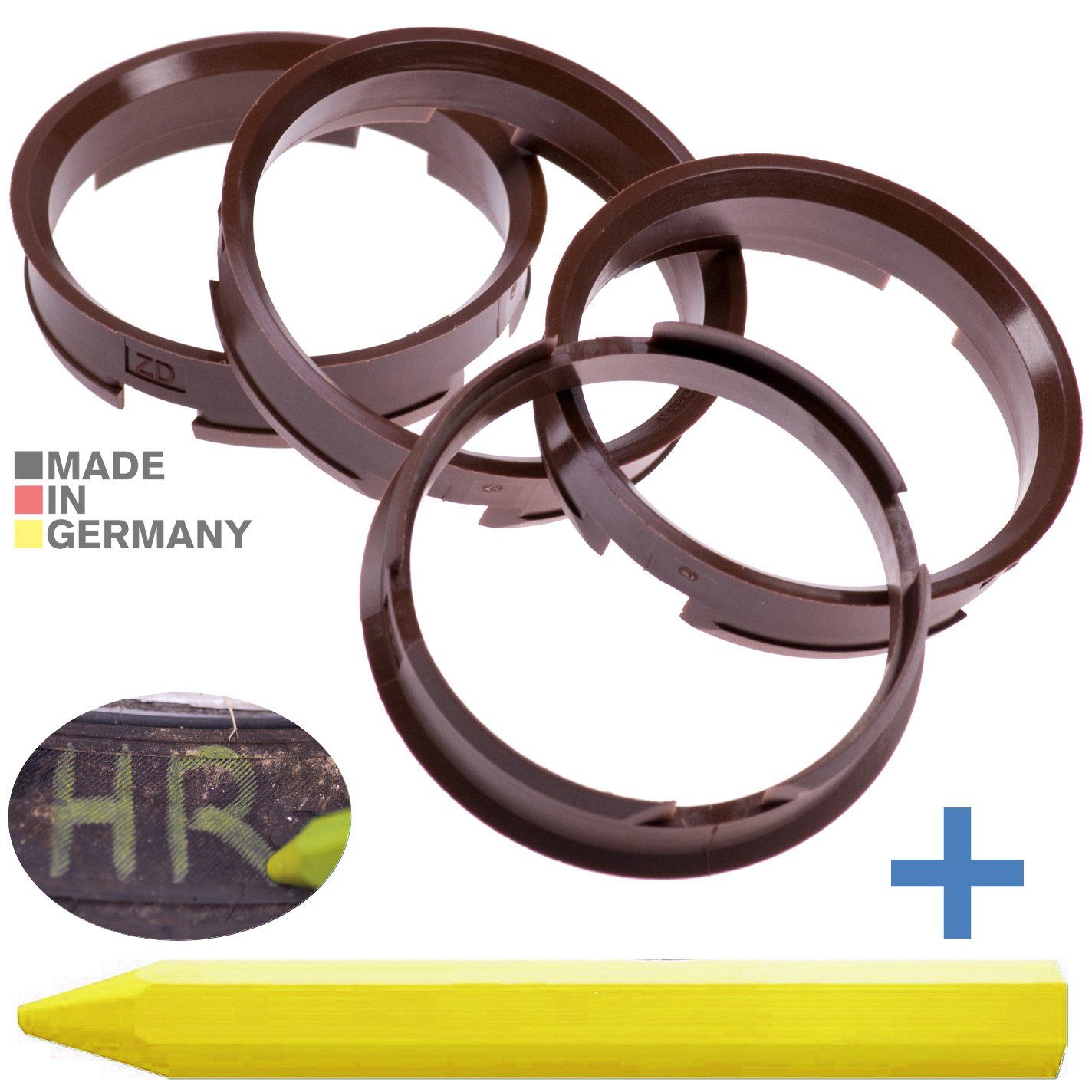 BRANDT AUTOMOTIVE Reifenstift 4X Zentrierringe Braun Felgen Ringe + 1x Reifen Kreide Fett Stift, Maße: 72,6 x 66,6 mm