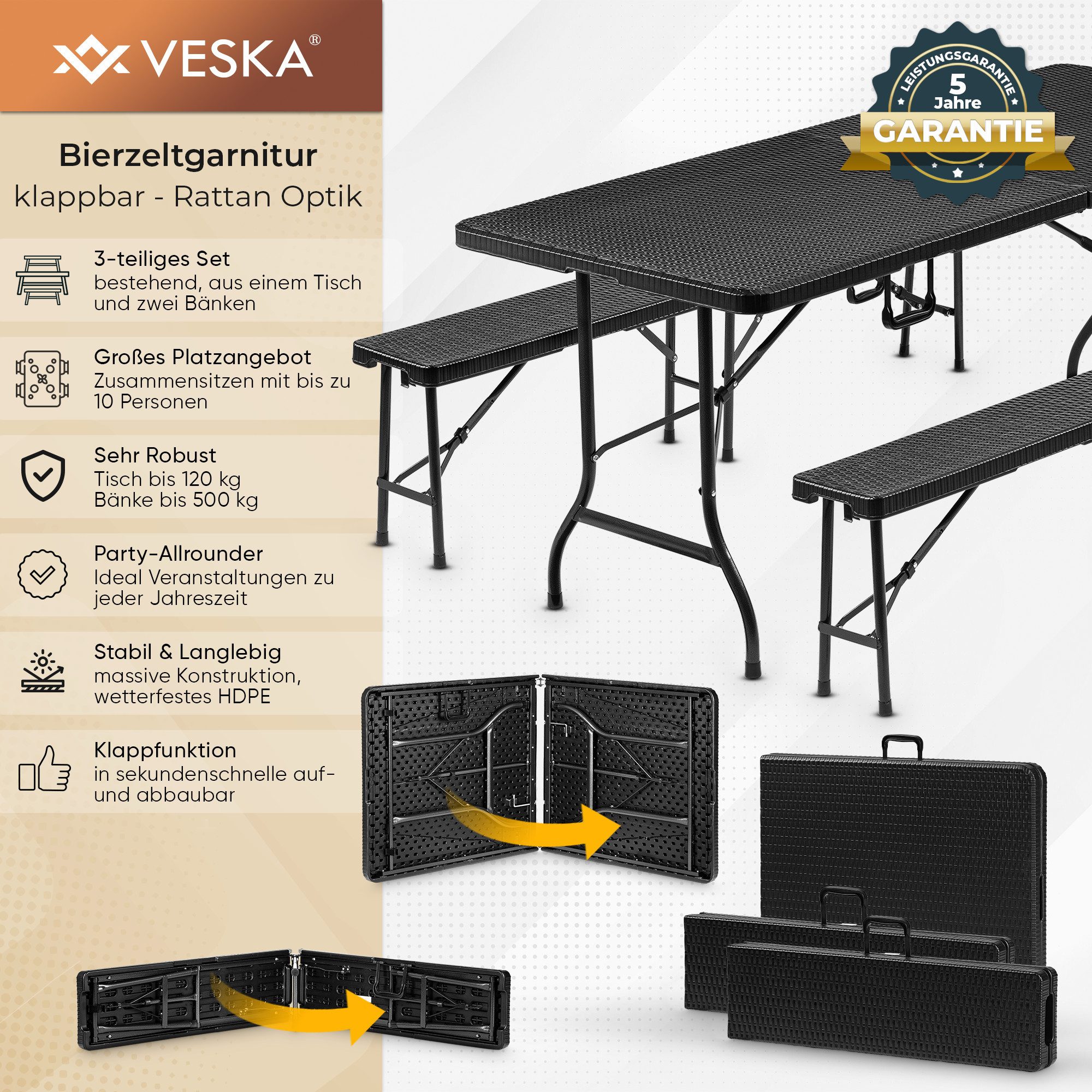 VESKA Bierzeltgarnitur 3-teilig Set Tisch + 2x Bank, wetterfest für drinnen und draußen, (klappbar mit Tragegriffen, Kunststoff, Gartengarnitur, Klapptisch), Gartentisch Länge 180 cm Rattan-Optik Schwarz