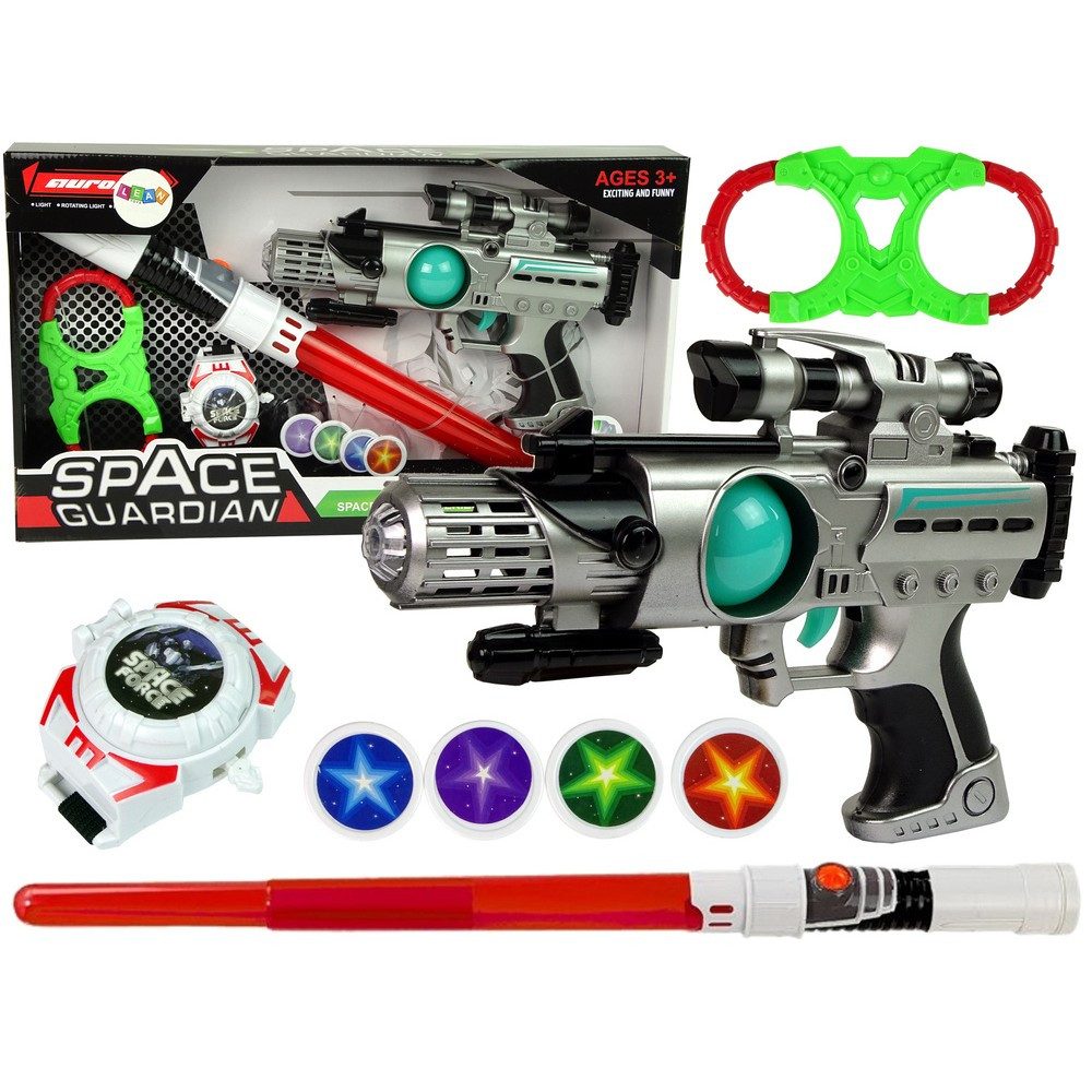 LEAN TOYS Lichtschwert Laserschwert Weltraumspielzeug Leuchtschwert (Spar-Set, 1-tlg., 82 cm leuchtend), Licht- & Soundeffekte, 5-teiliges Set, 82 cm Schwert