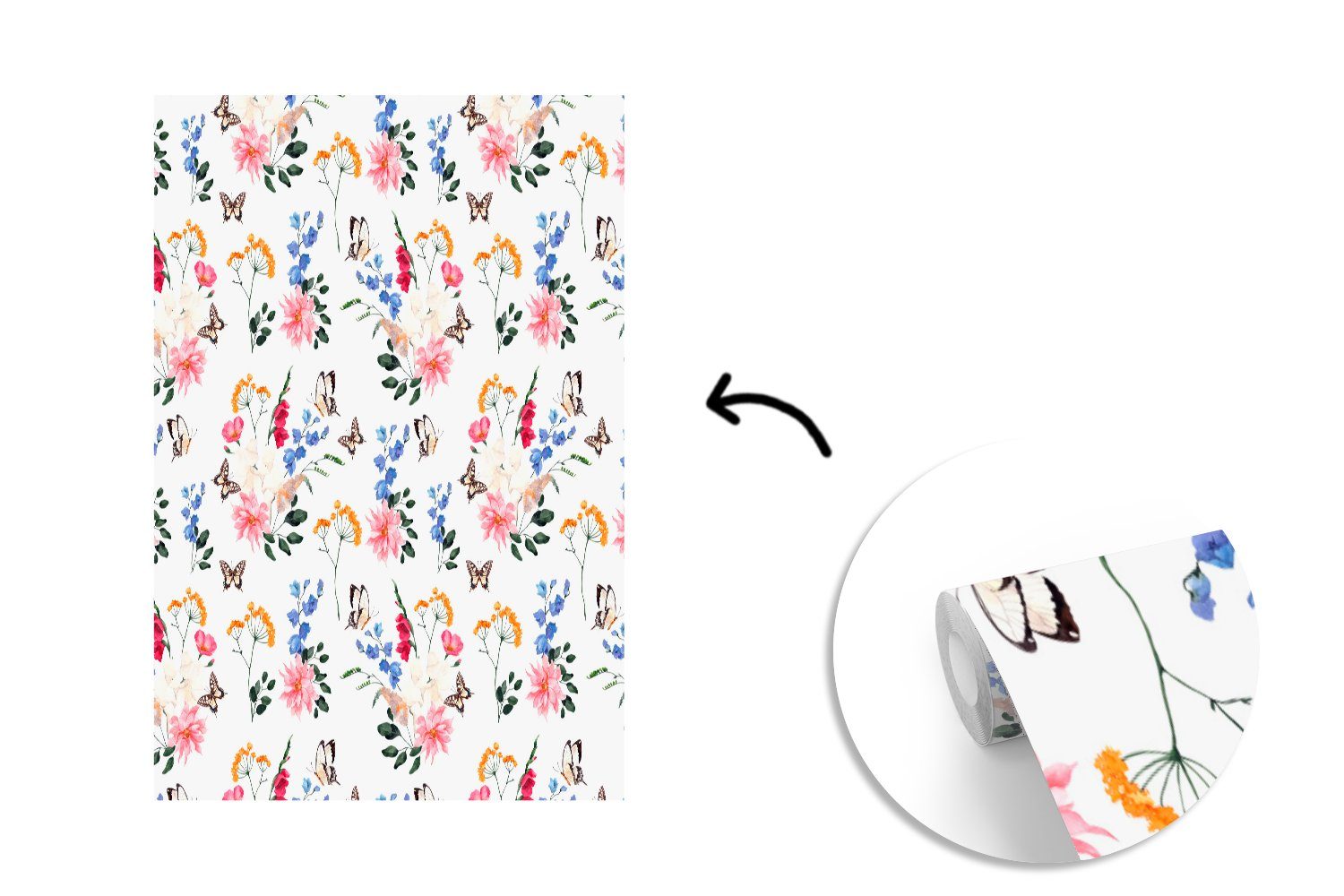 für MuchoWow Tapete Wohnzimmer, - Wandtapete Collage, bedruckt, Matt, Blumen St), Montagefertig Fototapete Vinyl (3 Schmetterlinge -
