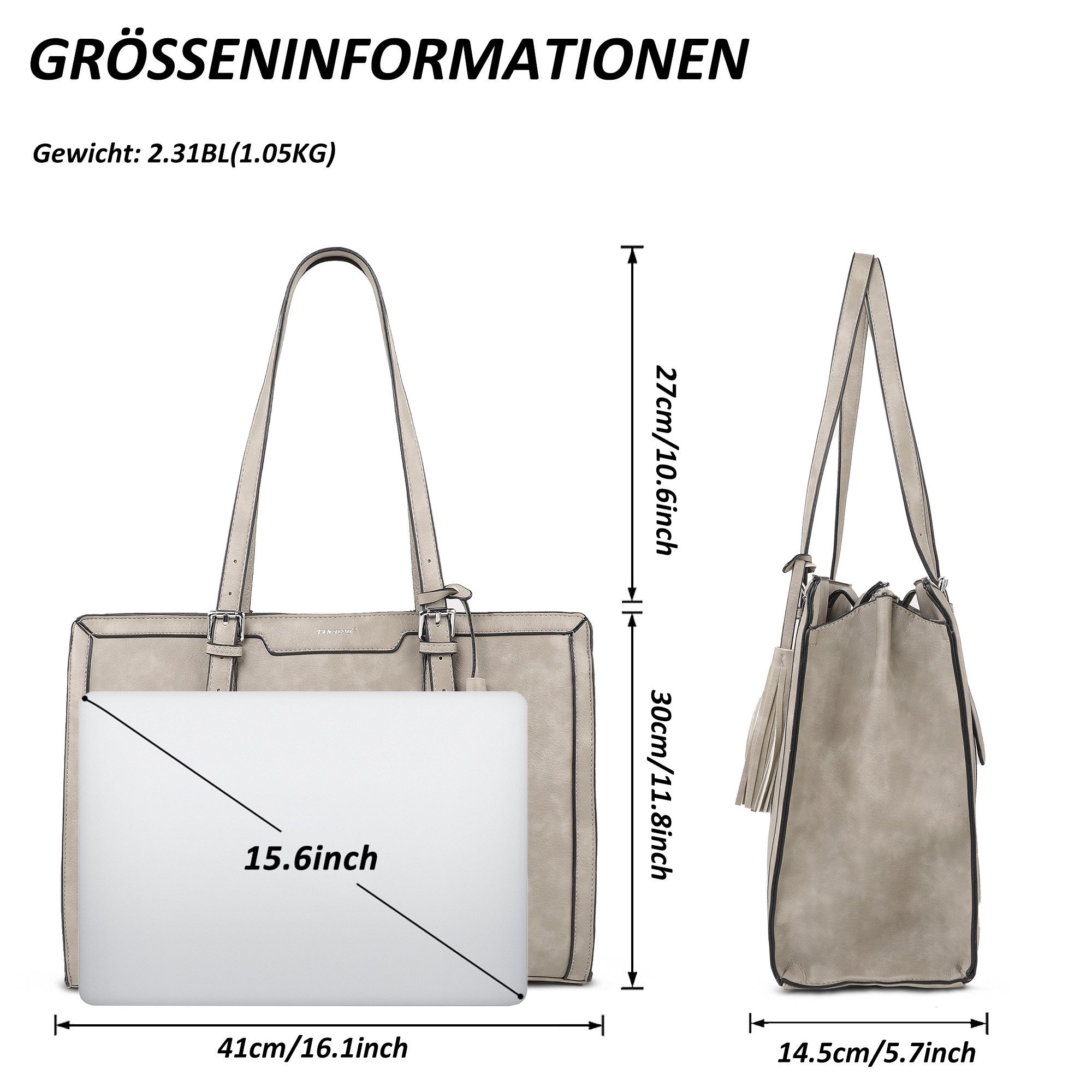 TAN.TOMI Handtasche Große Business Handtasche Damen Leder Schultertasche Arbeit Schule, Bürotasche Damen 15.6 Zoll Notebookt mit 3 Fächern für Büro Schule