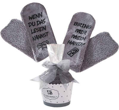 Lucadeau Kuschelsocken Geschenke für Frauen, Wenn du das lesen kannst, bring mir mein Handy, (Cupcake Verpackung, 36-43) rutschfest, Socken mit Spruch, Geschenk zum Geburtstag