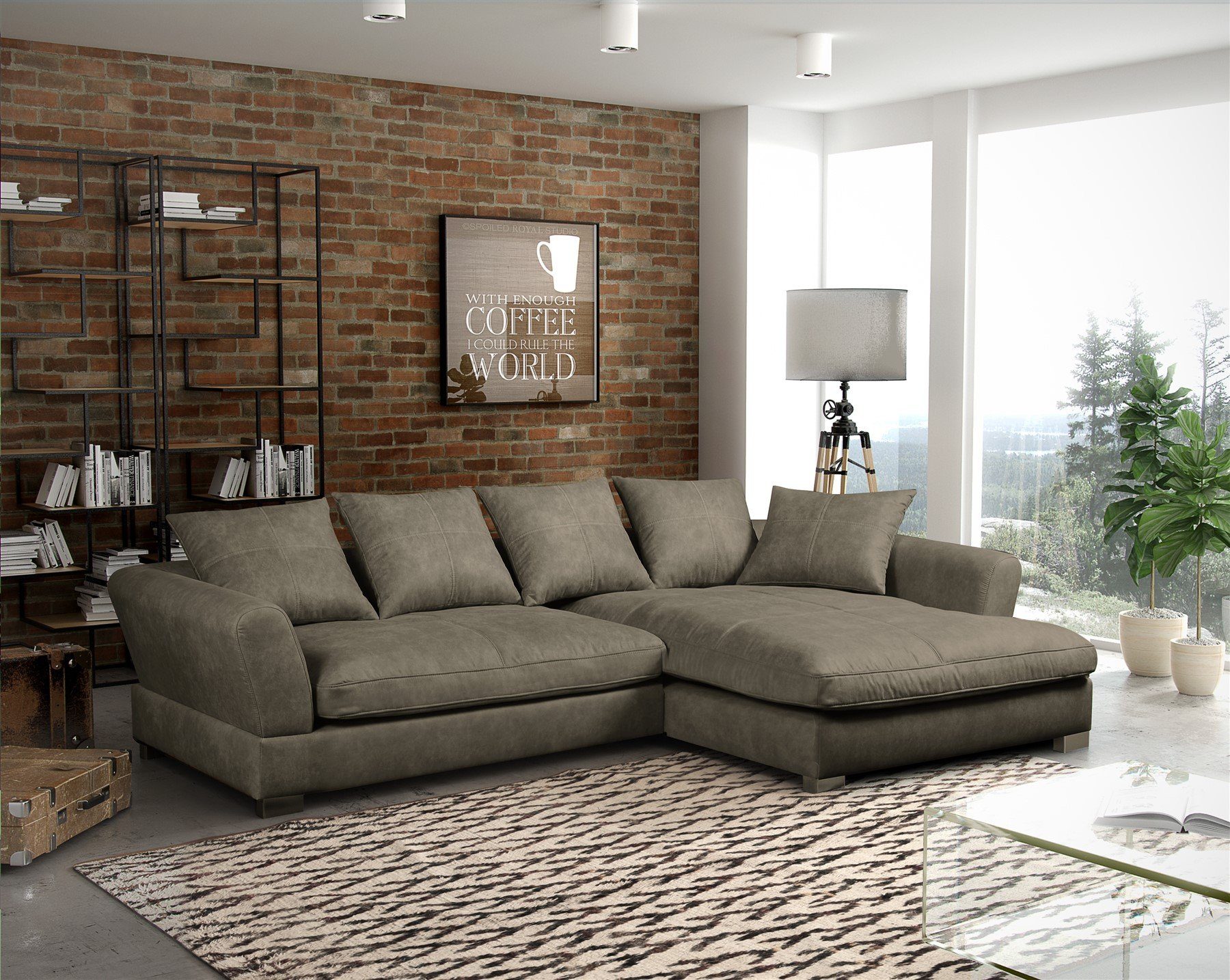 Fun Möbel Ecksofa Couchgarnitur TIZIAN L-Form in Wildlederoptik-Hellbraun / Ottomane, N/A 1 Teile, 5 x Rückenkissen