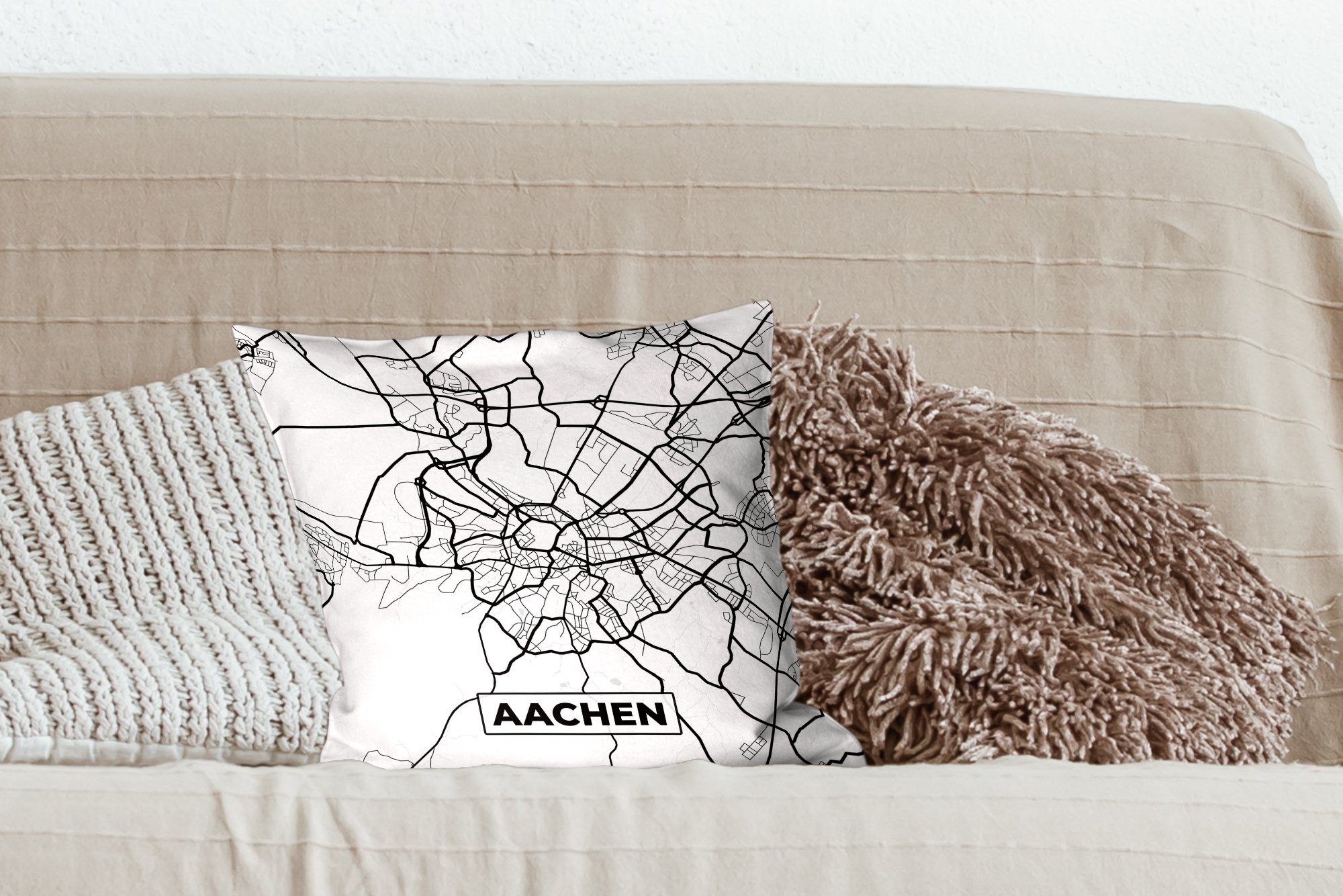 MuchoWow Dekokissen Karte - Aachen - Wohzimmer, mit Deko, Schlafzimmer, Stadtplan, für Zierkissen Sofakissen Füllung