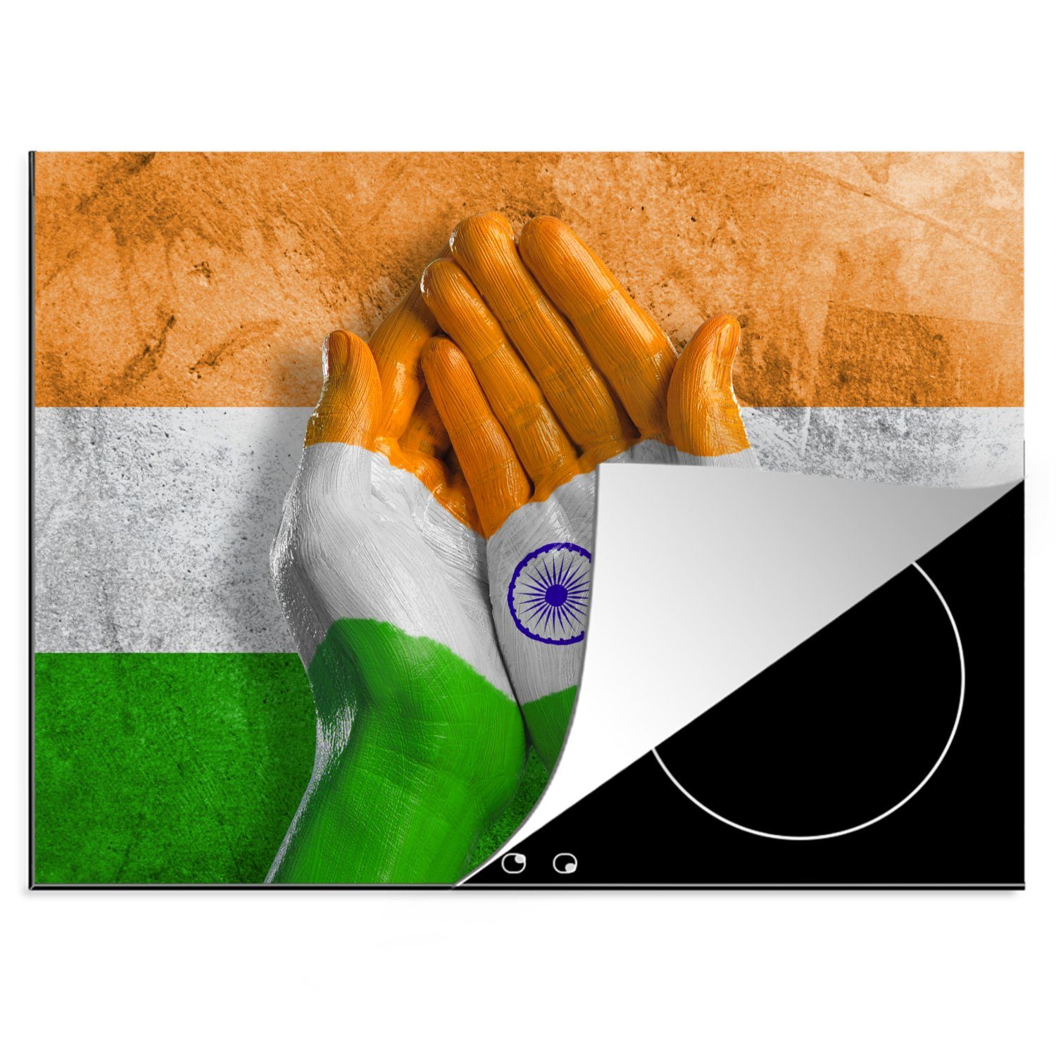 MuchoWow Herdblende-/Abdeckplatte Zwei Hände bilden die Flagge von Indien, Vinyl, (1 tlg), 70x52 cm, Mobile Arbeitsfläche nutzbar, Ceranfeldabdeckung