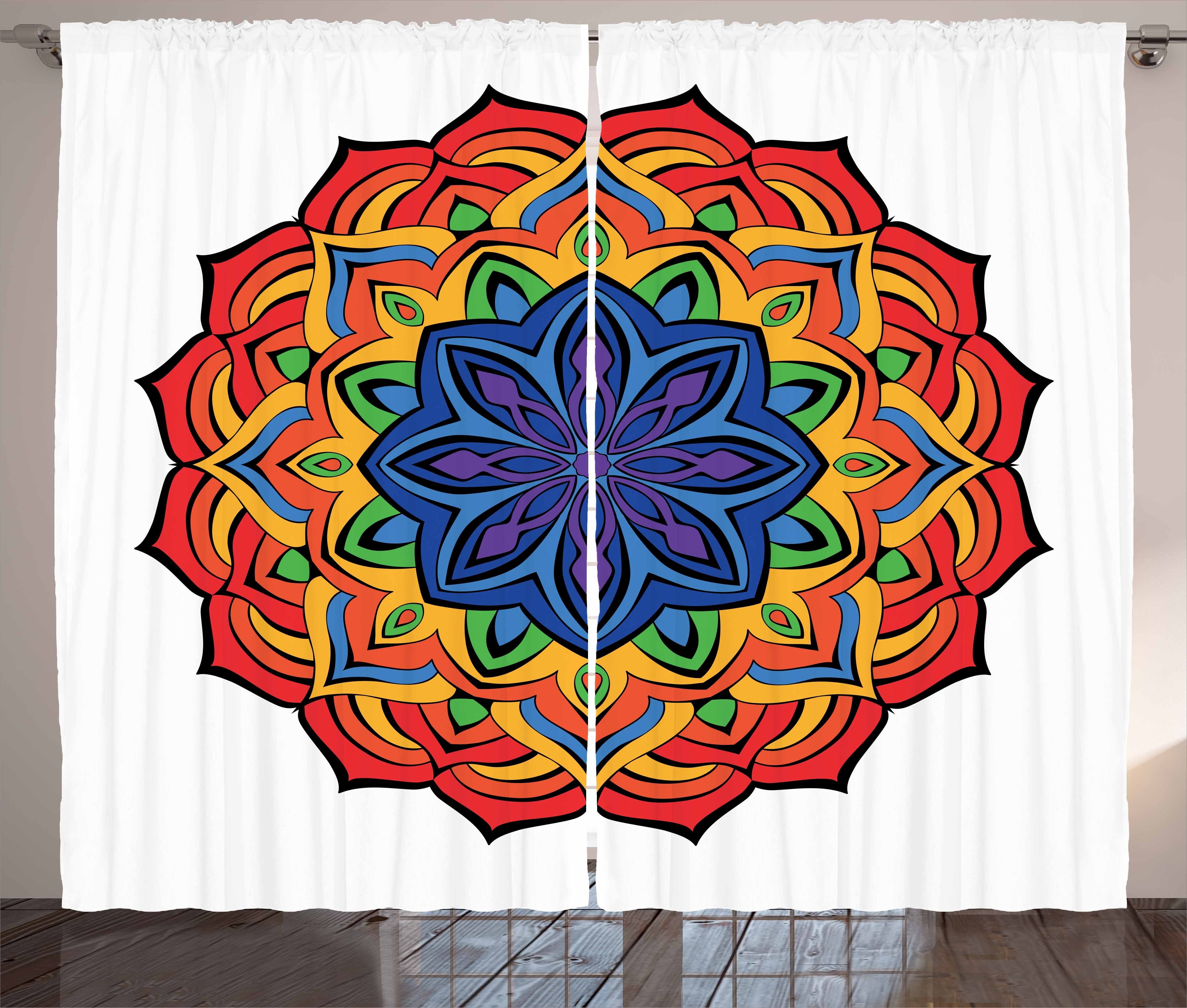 Gardine Schlafzimmer Kräuselband Vorhang Abakuhaus, Blumen mit Regenbogen-Mandala Schlaufen Haken, und Boho