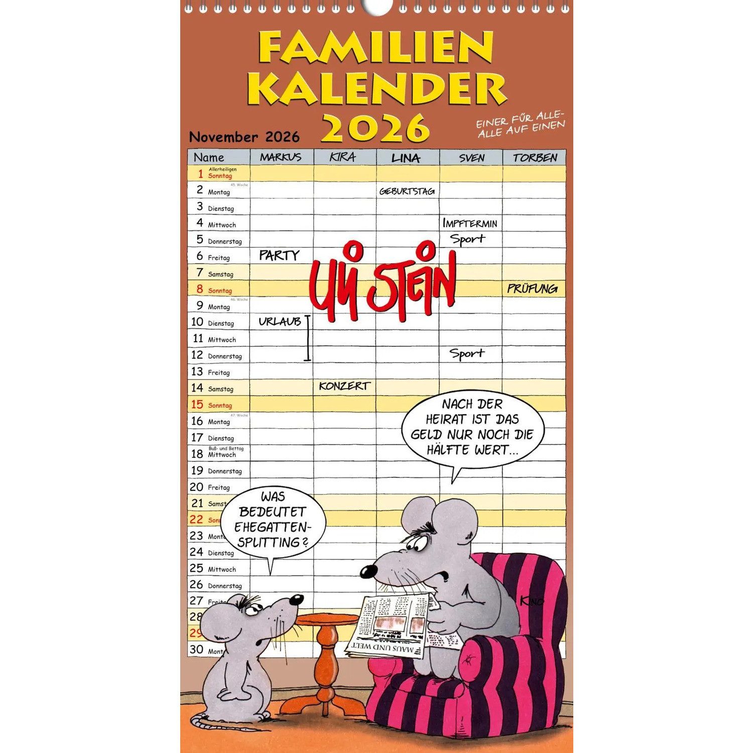 Lappan Verlag Настенный календарь Uli Stein Familienkalender 2026: Familienplaner mit 5 Spalten