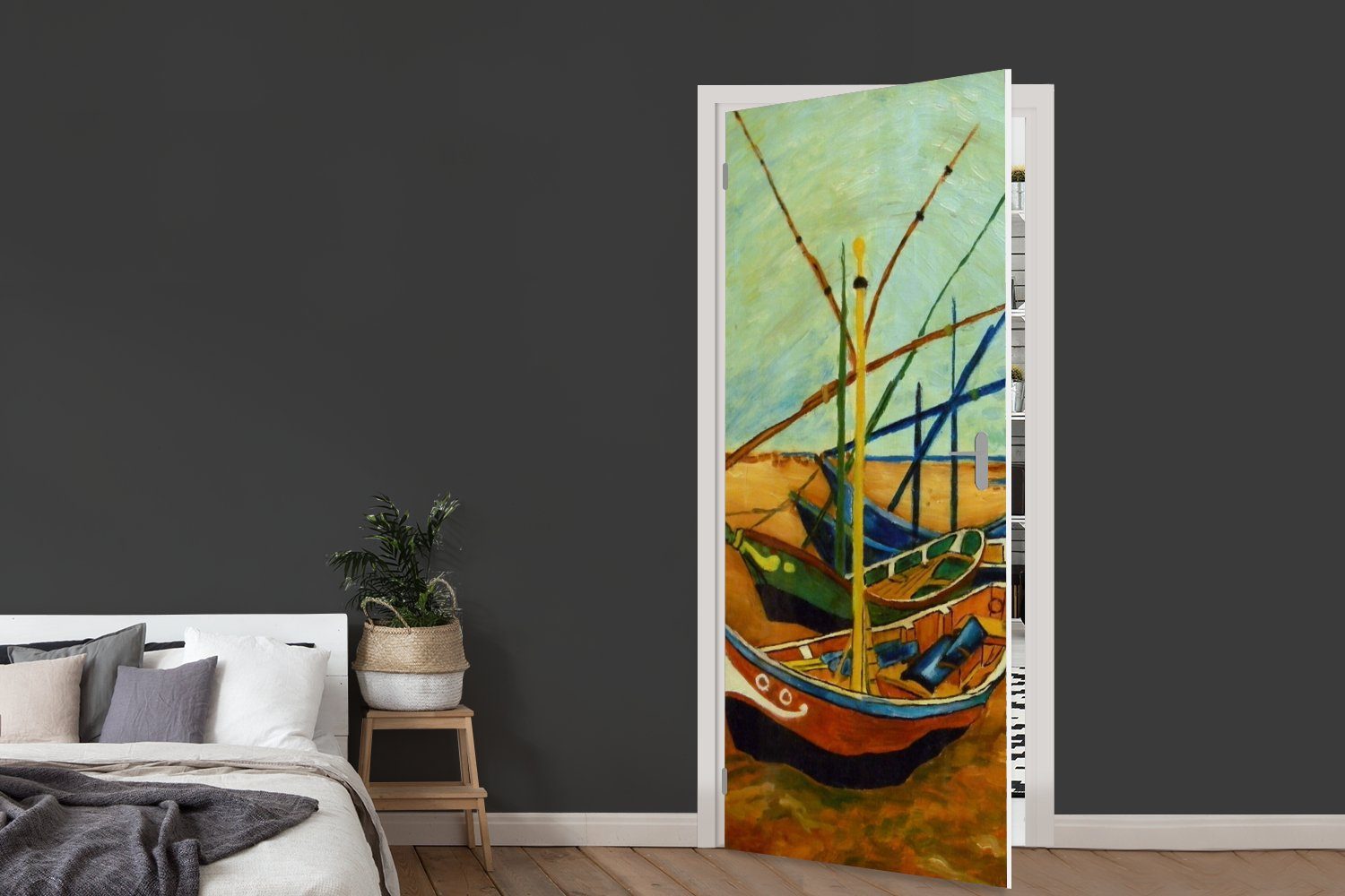 für bedruckt, Matt, Tür, - Fischerboote Gogh, St), Strand 75x205 am Vincent van Türaufkleber, (1 MuchoWow Fototapete Türtapete cm