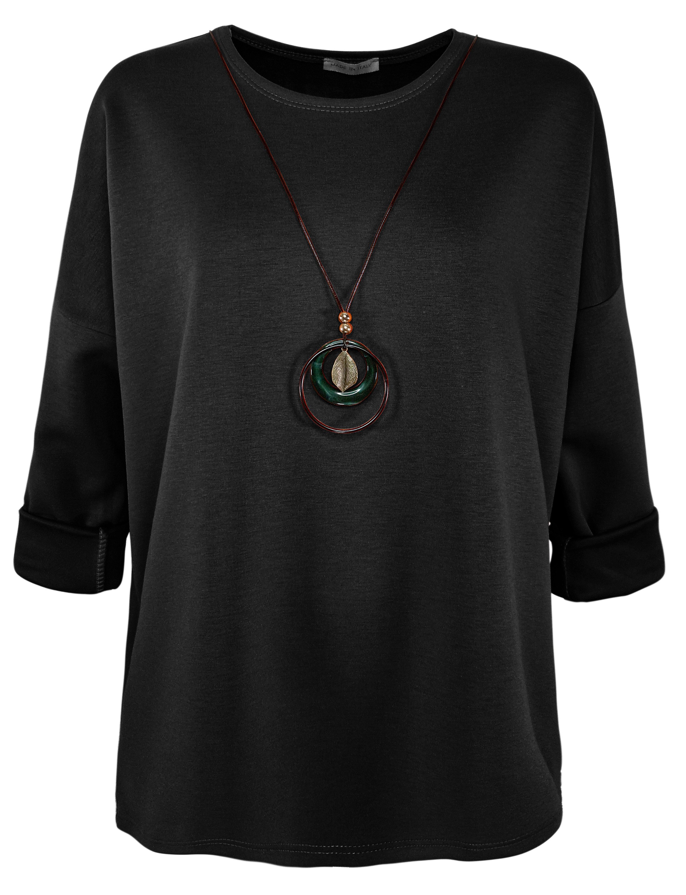 dy_mode Longshirt Damen Longshirt Oversize Weites Tunika Shirt Oberteil Übergangszeit in Unifarbe, mit passende Kette