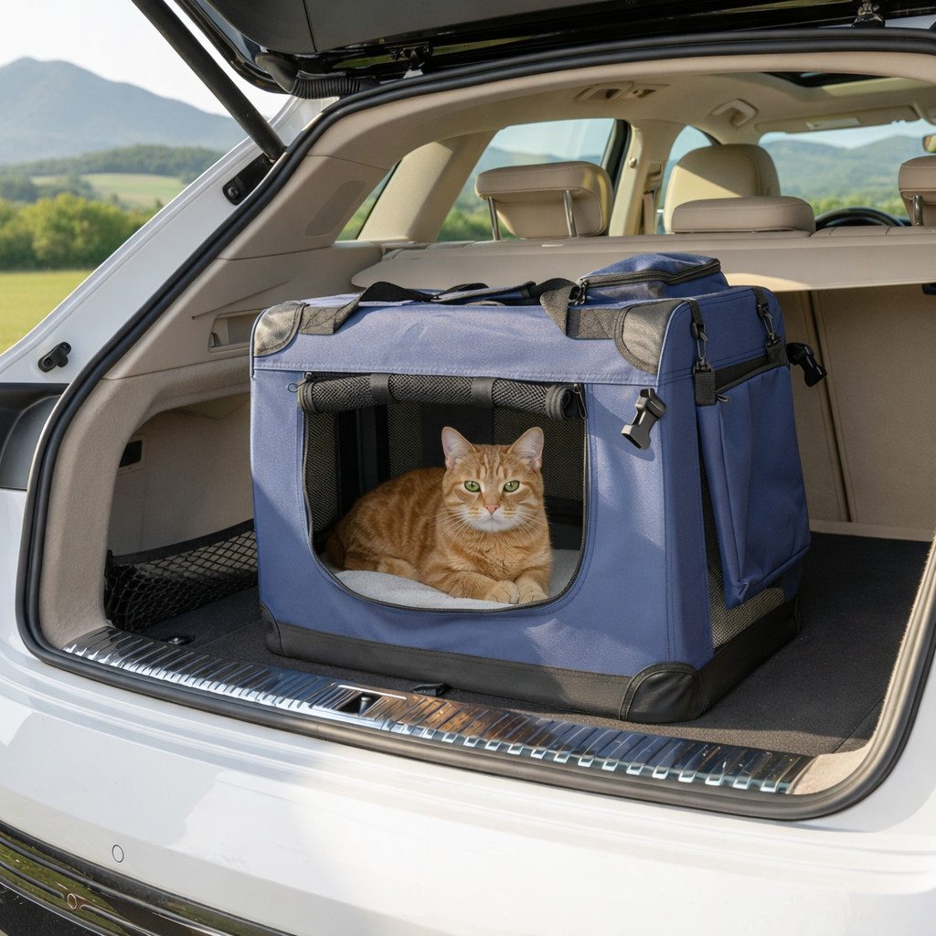 belviona Tiertransporttasche für Katzen, faltbar mit Mesh-Fenstern, 60x42x44 cm, marineblau bis 12 kg, leichte & stabile Katzentransportbox mit Innenkissen & Taschen